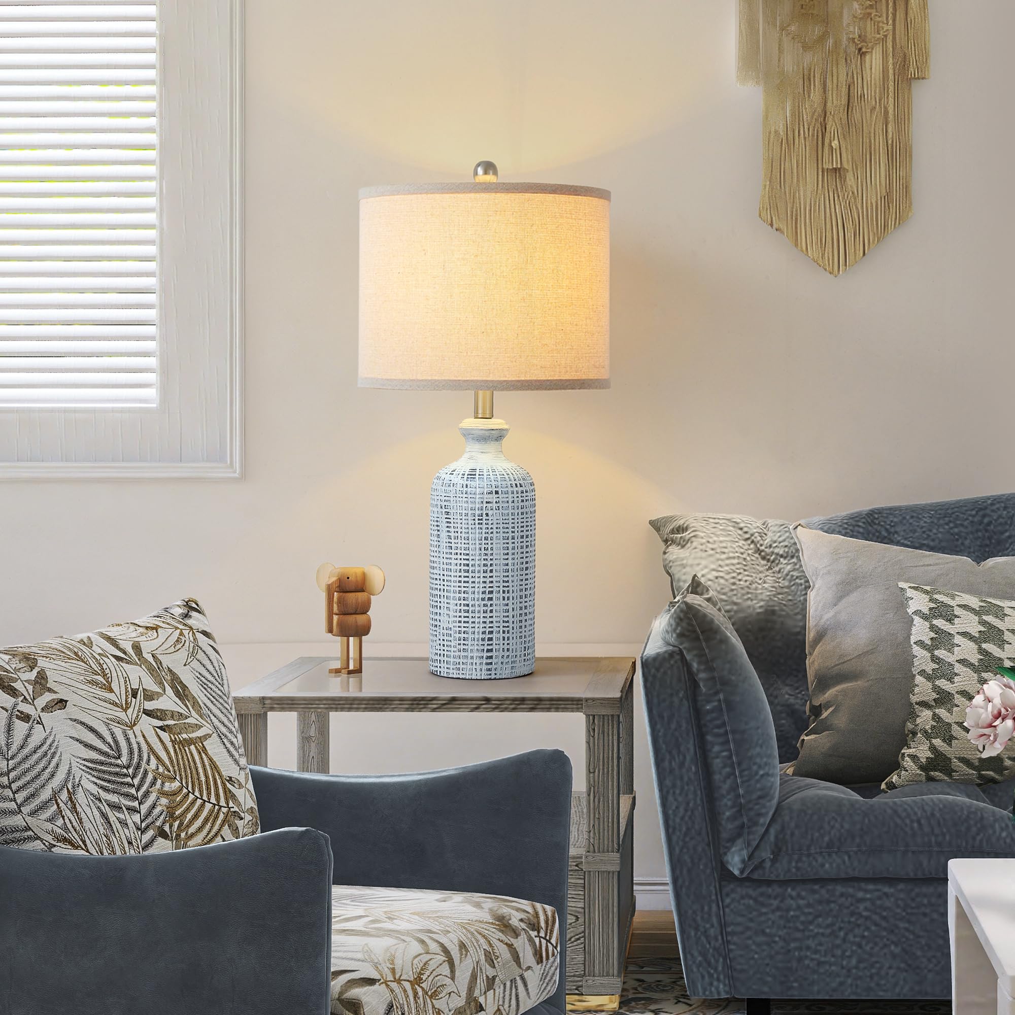 Ireliare Ceramic Table Lamps Set of 2, 25.8" Modern Farmhouse with Linen Shade, Rotary Switch Blue, Model B2283-1T