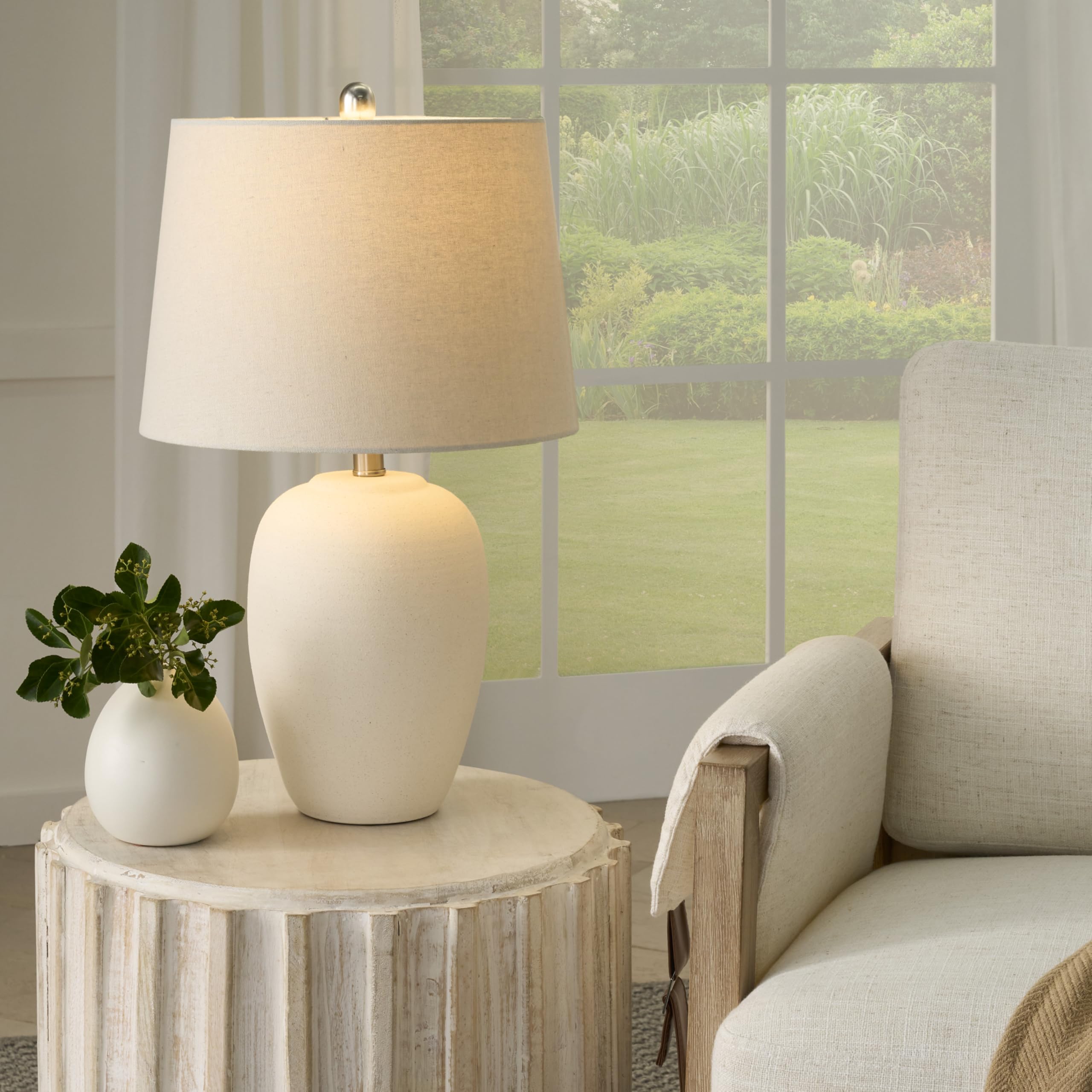 Nourison 23" Ceramic Jar Table Lamp - Natural White with Off-White Shade, Ideal for Bedroom, Living Room, Dining Room, Office - Model BIT05