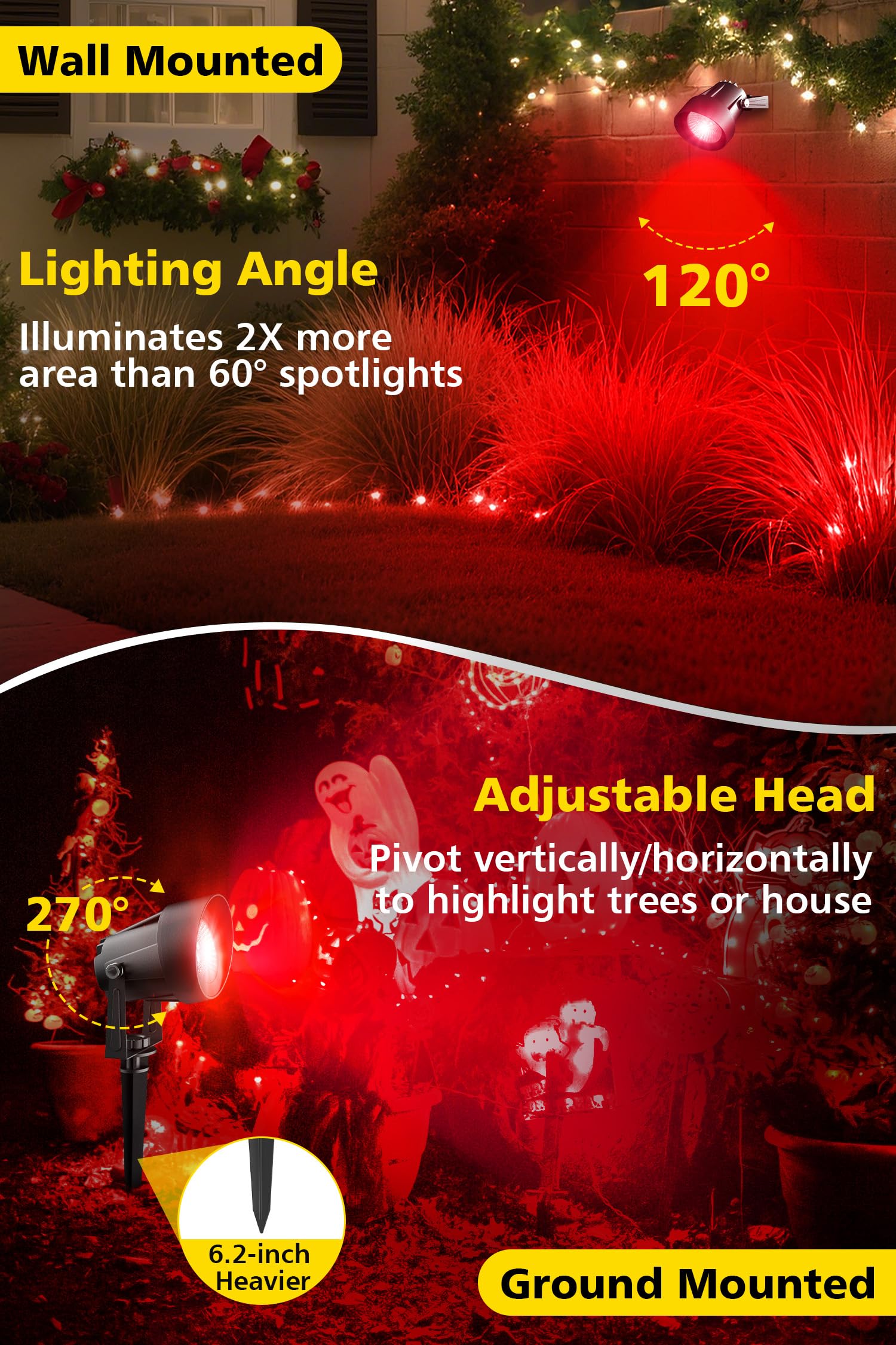 T-Sun Christmas Red Spotlight Outdoor  Waterproof Led Landscape Lighting With Us Plug  Easy Install 270?Adjustable Outdoor Spot Lights For Garden Tree Yard Decor