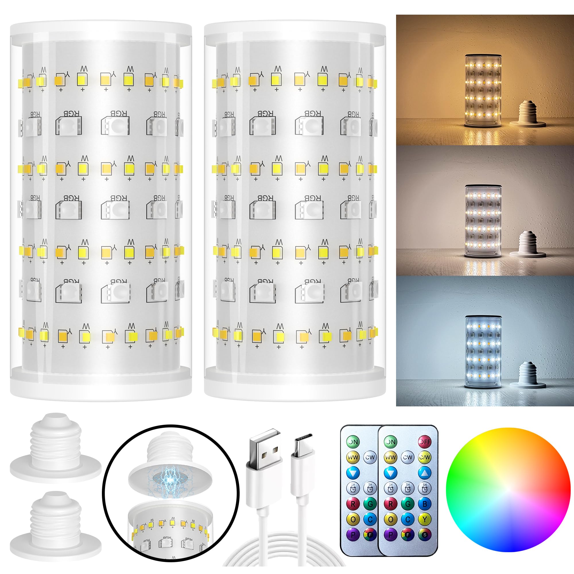 2 Packs Rechargeable Emergency Light Bulbs With Remote And Timer, 10000 Mah Battery Operated Light Bulb For No-Hardwired Fixture