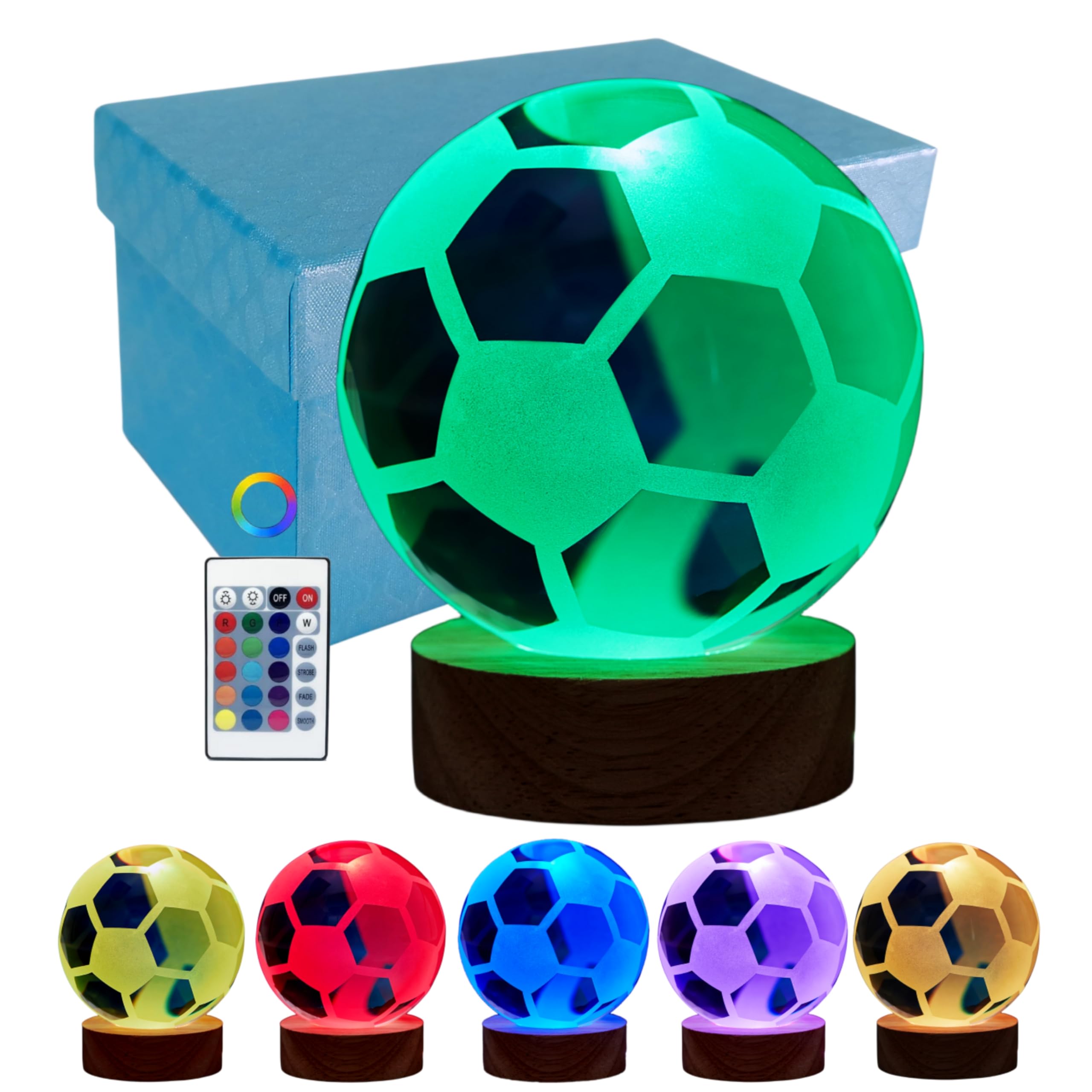 Crystal Ball Lamp, 3.15 Inch Soccer Night Light with 16 Colors LED, Wooden Base, Remote Control, Gift Box Packaging, Decor Footb