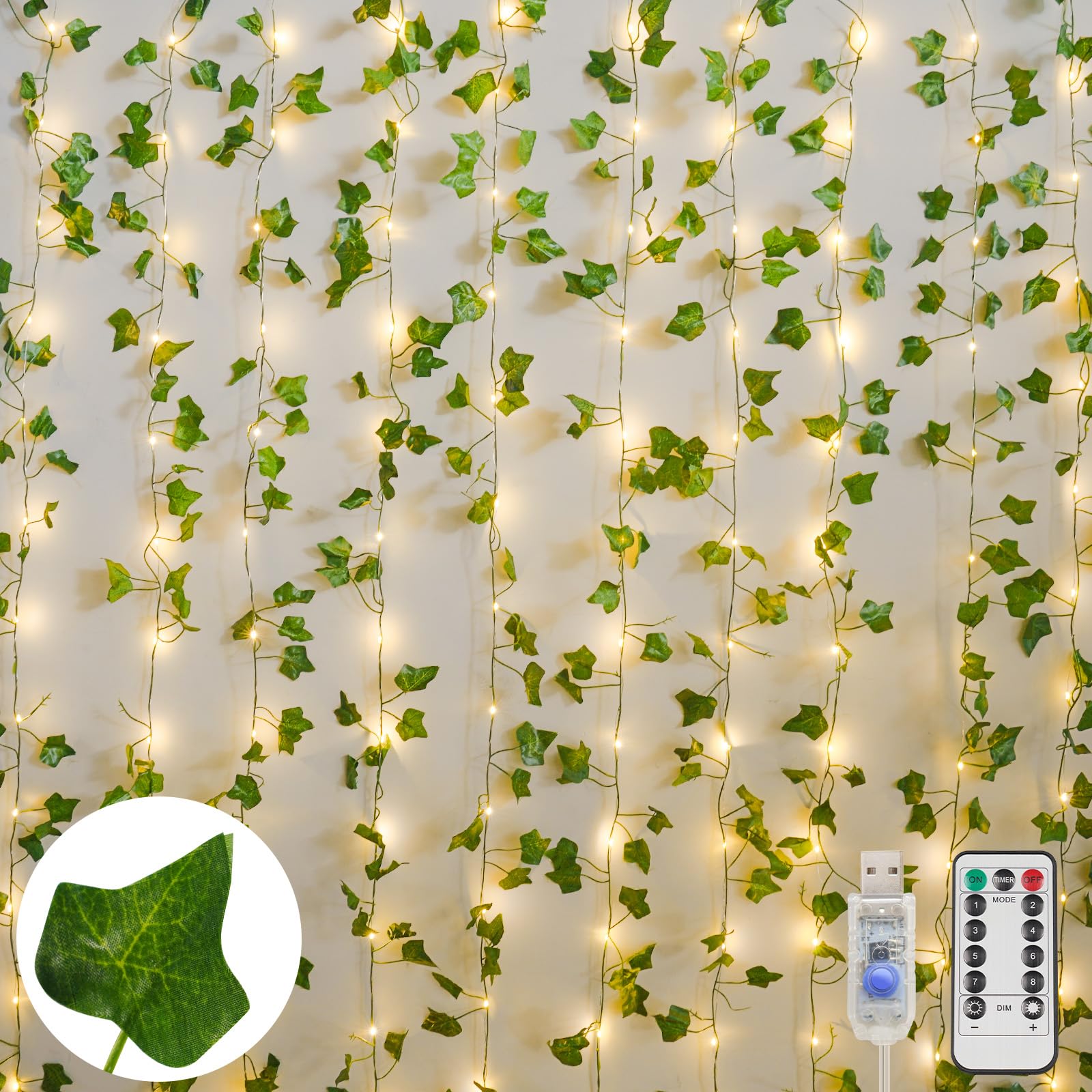 suddus Vines with Light for Bedroom  200 LED Fairy Lights with Vines  Ivy Curtain Lights for Dorm  Wedding  Party  Wall  Indoor  Outdoor Decor  6.5ft x 6.5ft