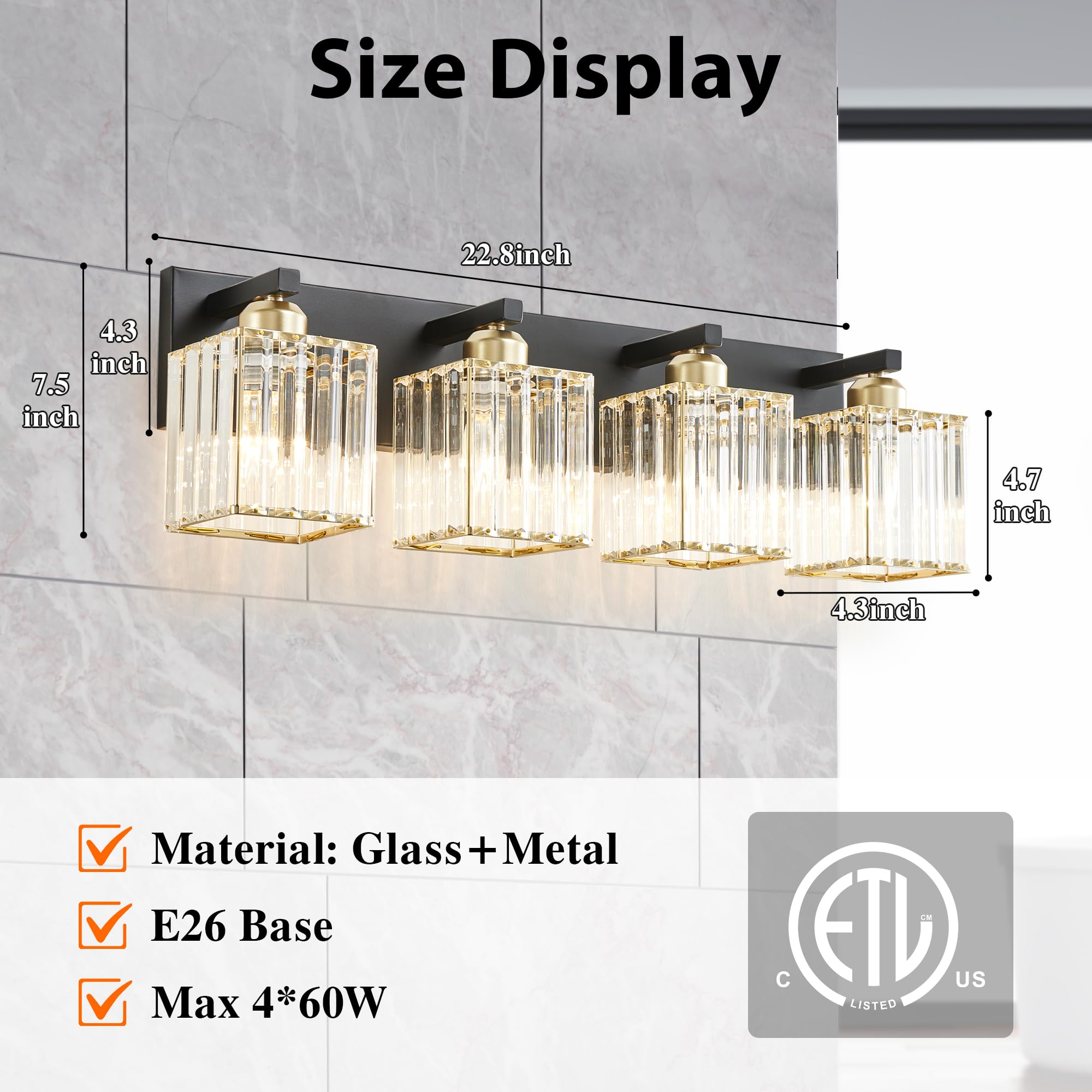 Bathroom Vanity Light Fixtures Over Mirror 4 Crystal Lights - Makeup Lighting Black Gold - For Modern Wall  Bath  Desk  Farmhouse  Hallway