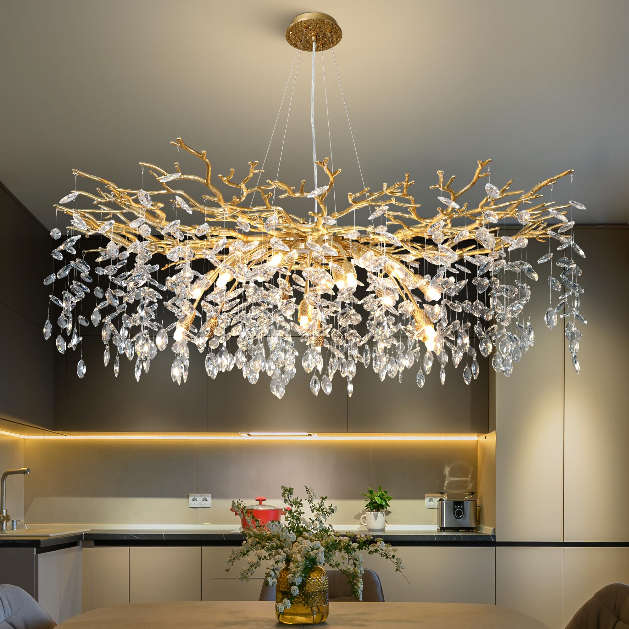 Yuyi Modern Crystal Chandelier, 47'' Gold Tree Branch Chandelier, 18-Lights Round Raindrop Chandeliers For Dining Room, Living R