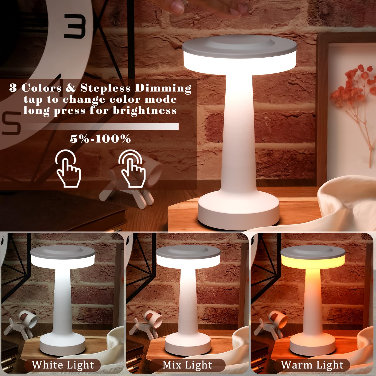 Riakrum LED Portable Metal Table Lamp - Touch Sensor, 3 Color Dimming, Rechargeable, Cordless, White - Model Riakrum-Table Lamp-402