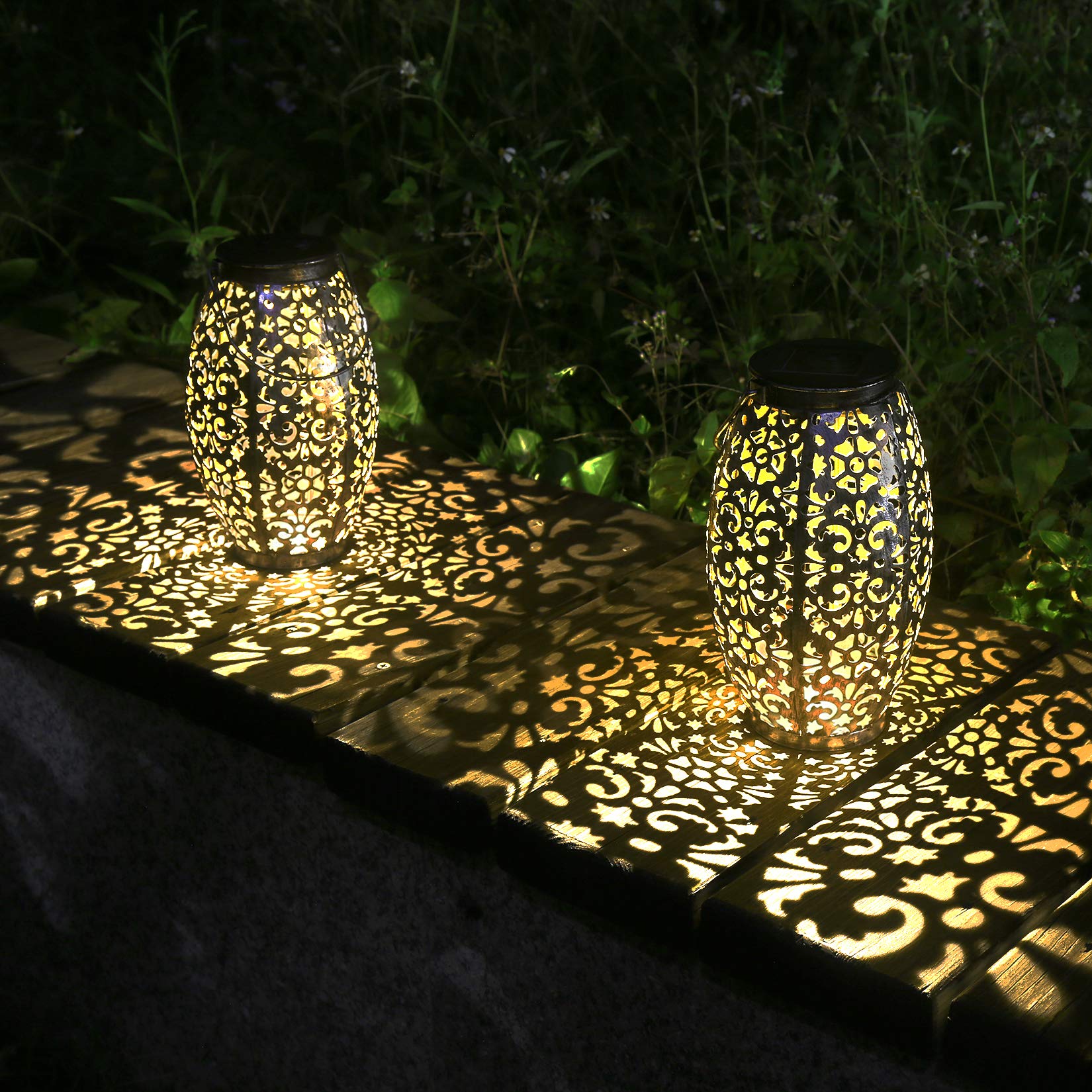 KAIXOXIN Solar Lantern Lights, Metal, Large, Silver, for Outdoor Hanging or Table Use in Patio, Courtyard, Garden