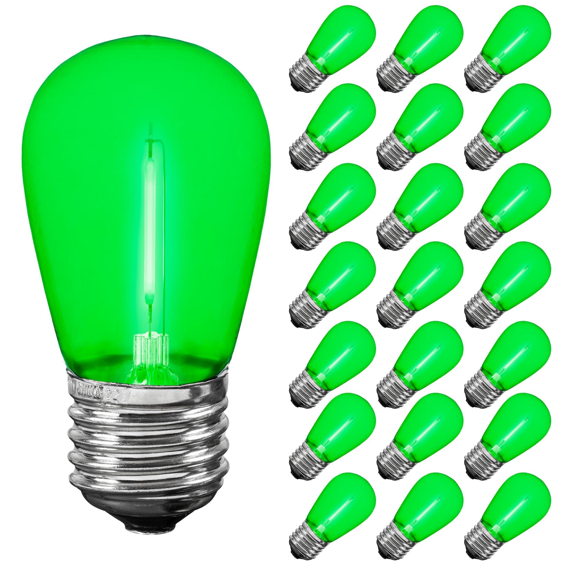Novelty Lights S14 LED Outdoor String Light Replacement Bulbs, 25 Pack, Shatterproof Plastic, Green, E26 Base, 30,000-Hour Lifespan