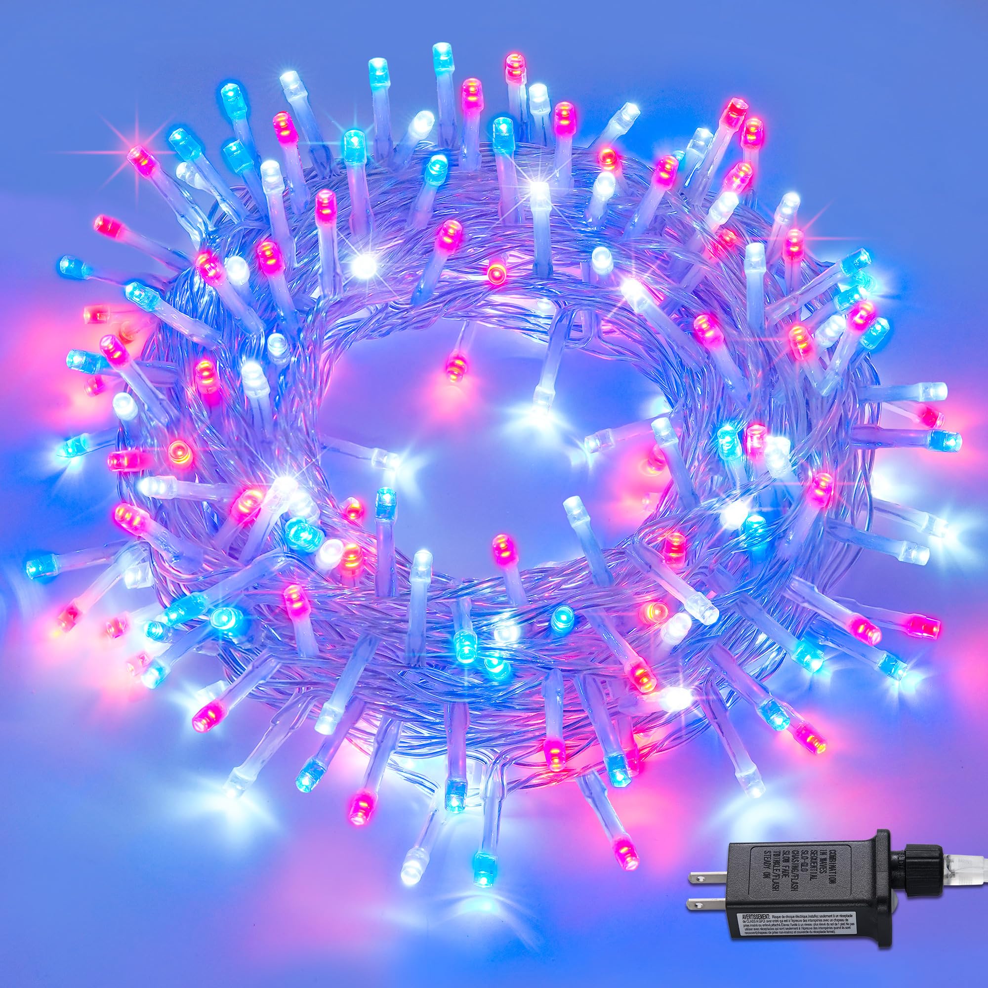 Potive 200 Led Red White Blue Outdoor String Lights, 66Ft Waterproof Patriotic Decor