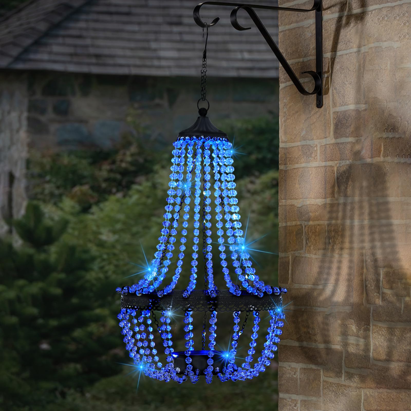 Sunnypark 28” Blue Solar Hanging Lantern Chandelier With 30 Lights For Garden & Patio Decor