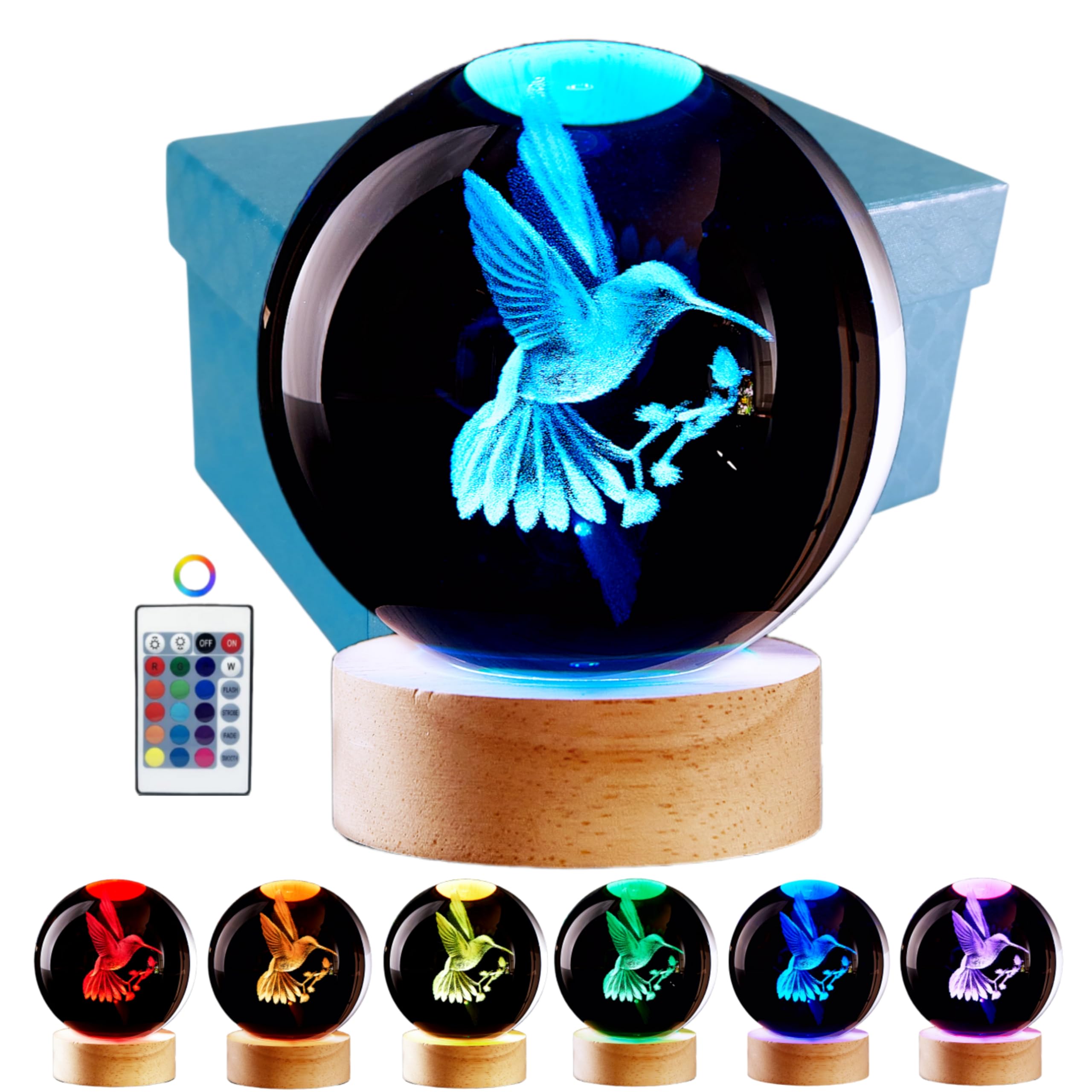3D Hummingbird Crystal Ball Lamp,Lifelike 3D LED Bird Night Light,16 Colors Changing Light,Dimmable Remote Control,Desk Hummingb