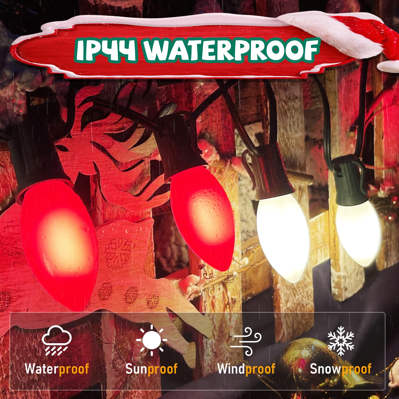 C9 Red And White Christmas Lights Outdoor, 25Ft Vintage Christmas String Lights Waterproof With 26 C9 Ceramic Large Bulb Christm