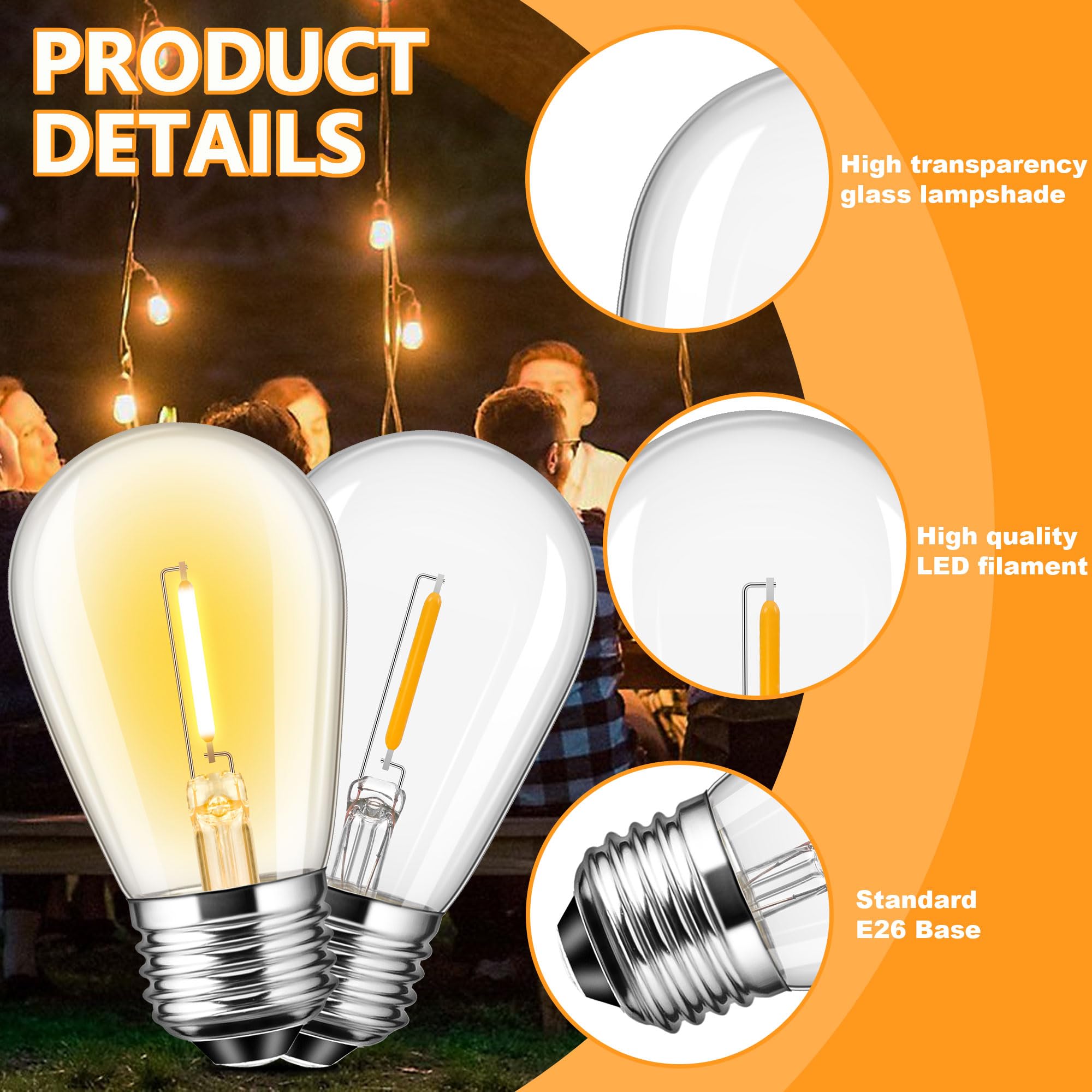 Sphoon 15 Pack S14 Replacement Led Bulbs Outdoor String Lights Bulbs Filament Edison Bulb 1W=10W For Garden Patio Party Warm Whi