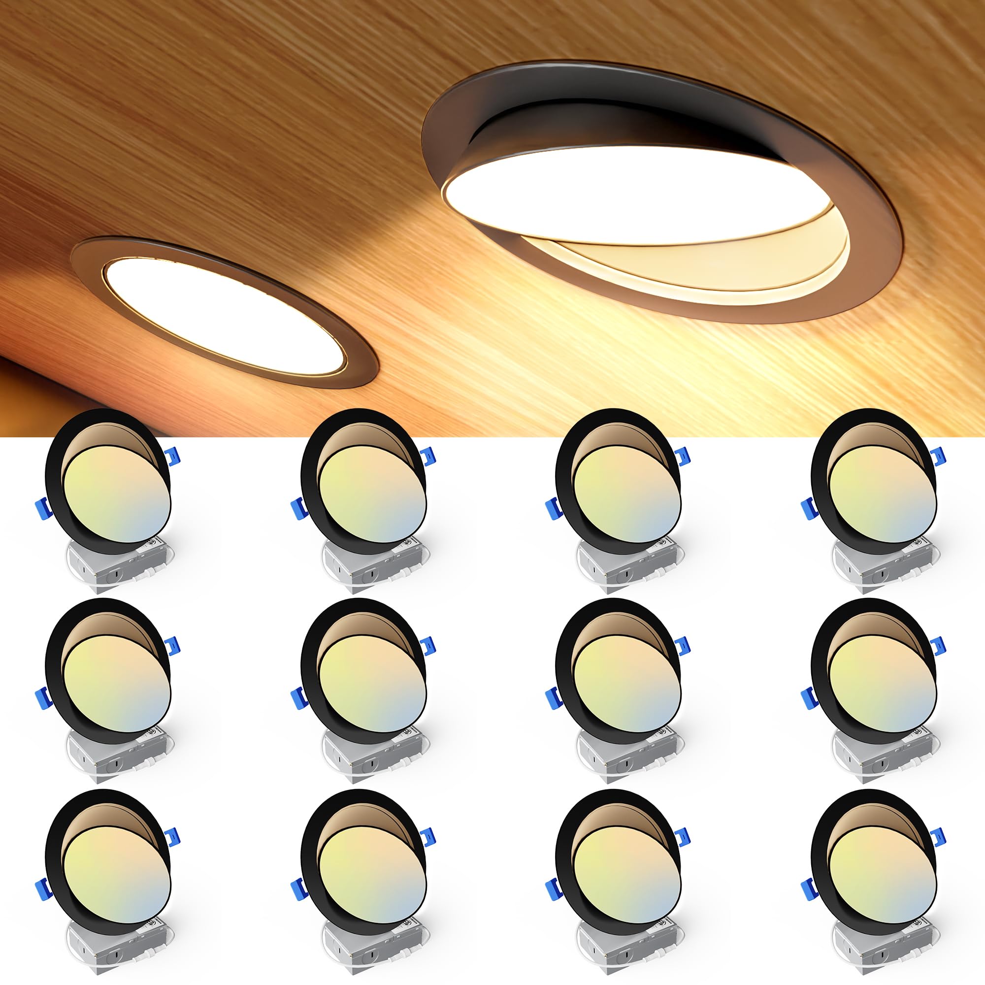 Ensenior 12 Pack 6 inch LED Eyeball Recessed Lighting  360+90 Rotatable and 2700K-5000K Selectable  CRI90+  Dimmable Gimbal Recessed Lights  1300LM  12W=115W-FCC  Black