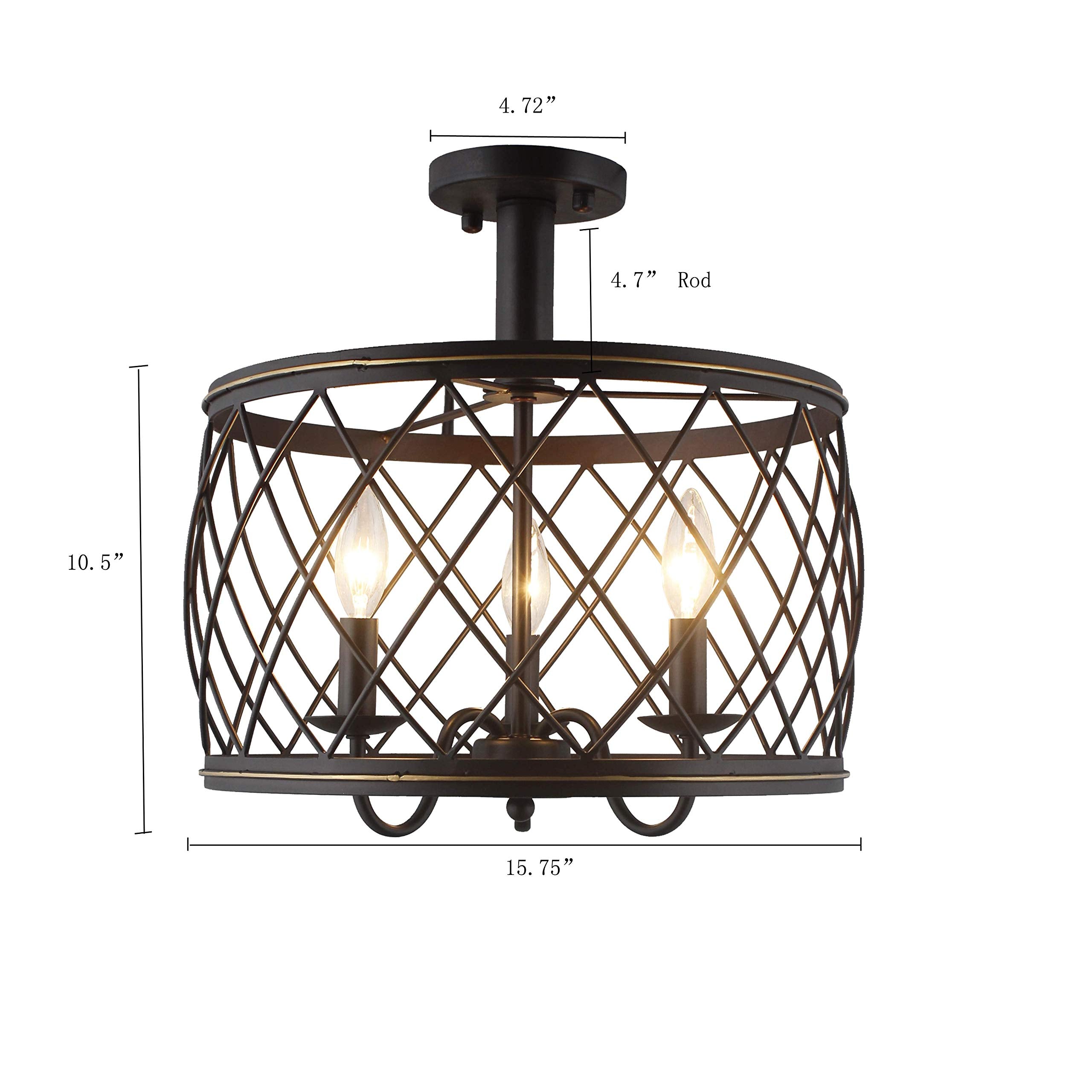 Deluxe Lamp Trellis Cage Semi Flush Mount Light - 3 Light Industrial Style, Metal, Aged Bronze, 15.57 Inch Diameter