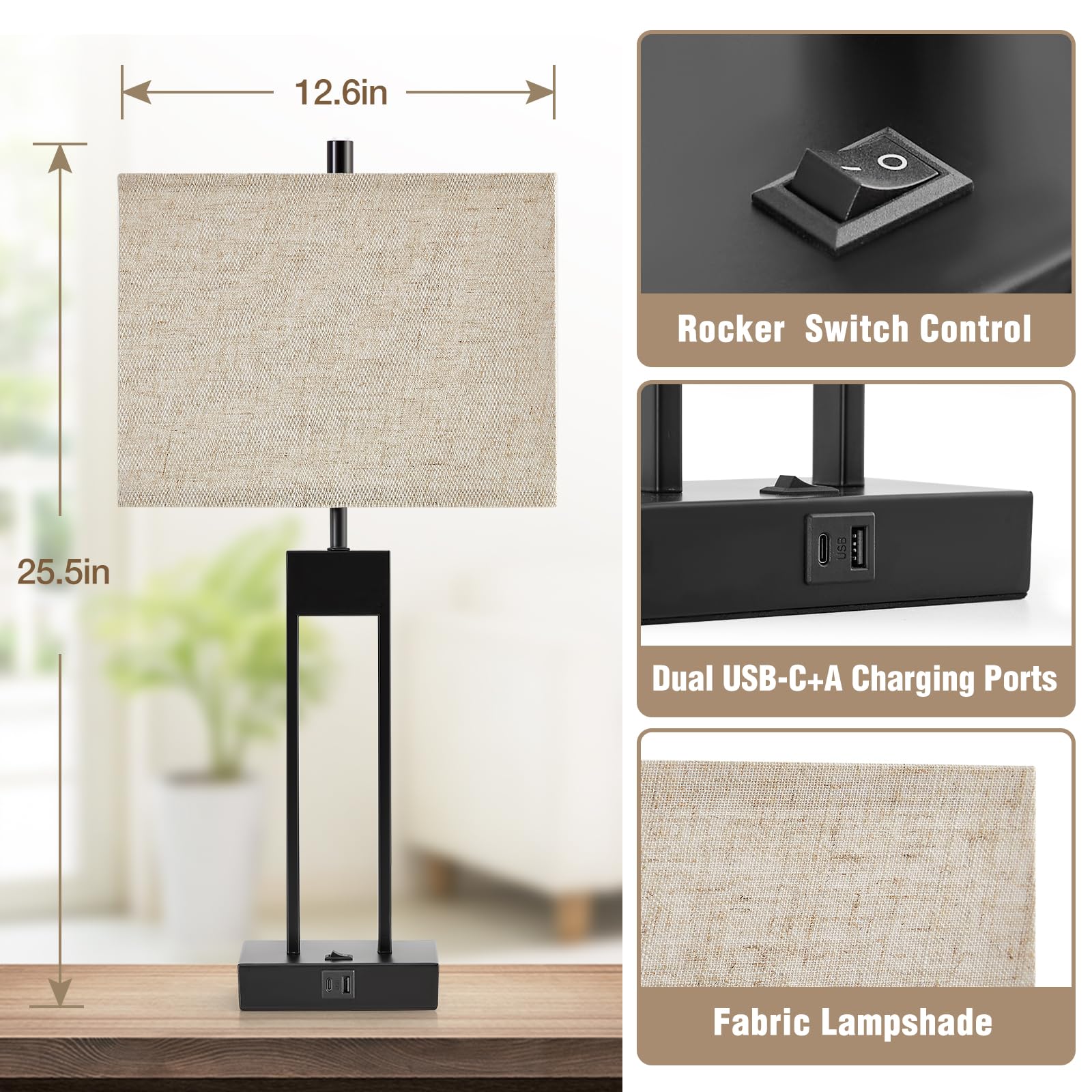 25.5’’ Nightstand Table Lamps For Bedrooms Set Of 2, Bedside Lamp With Usb C+A, 3 Colors Changeable Living Room Lamps For End Tables, Modern Night Stand Lamps For Bed Side Guest Room Office Reading
