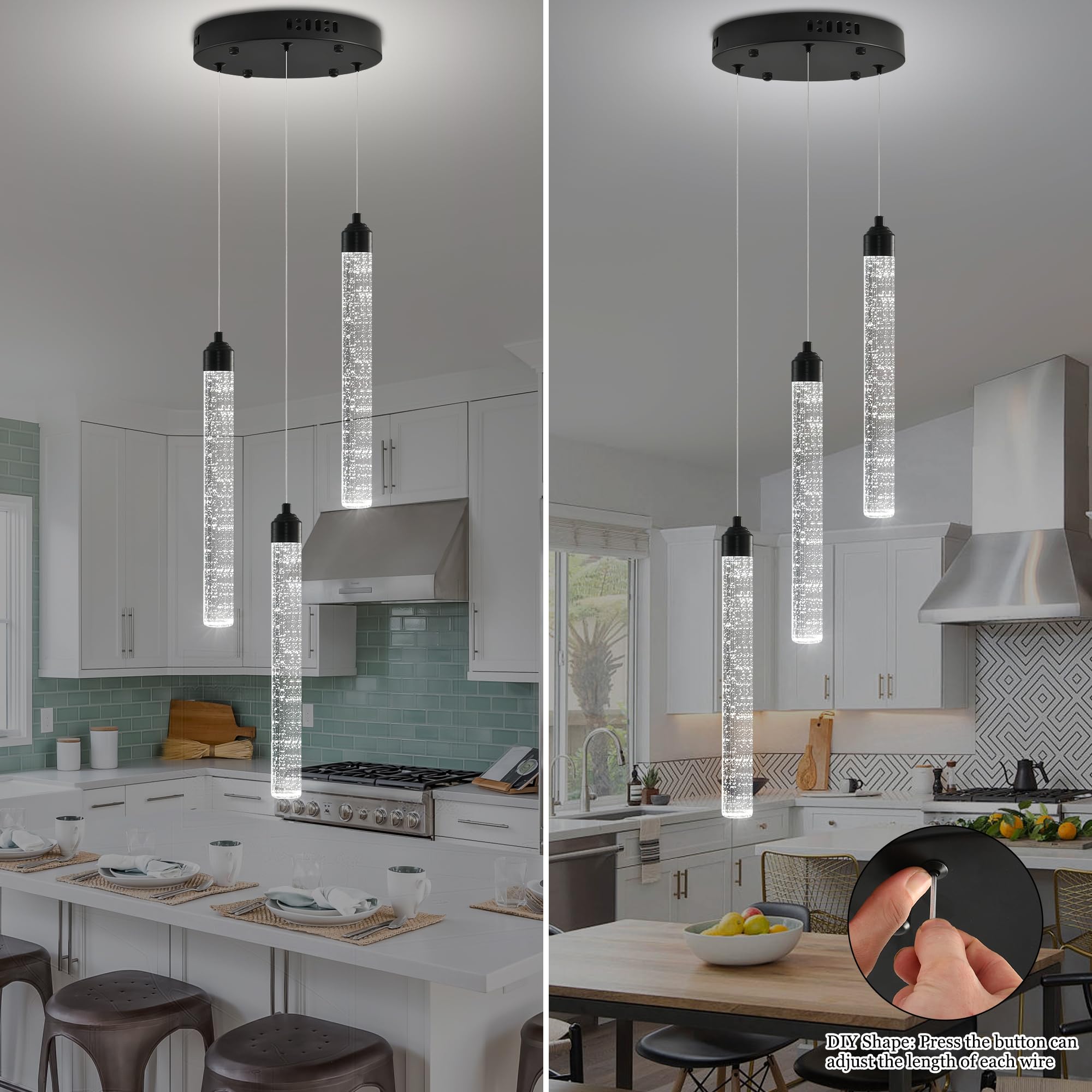 Ywuechwu 3-Light Modern Dimmable Led Crystal Chandelier - Black Mini Pendant Lighting With Spiral Raindrop/Bubble Cluster Pendant For Kitchen Island  Dining Room  Living Room  Foyer