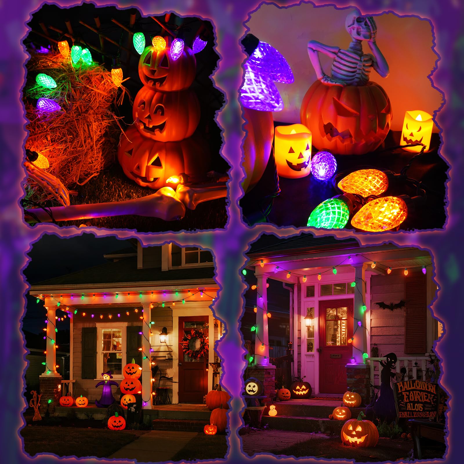 KAQ 100LED C9 Halloween Lights - Waterproof 98FT String Lights, Orange Purple & Green, 13 Modes, Indoor Outdoor Decor