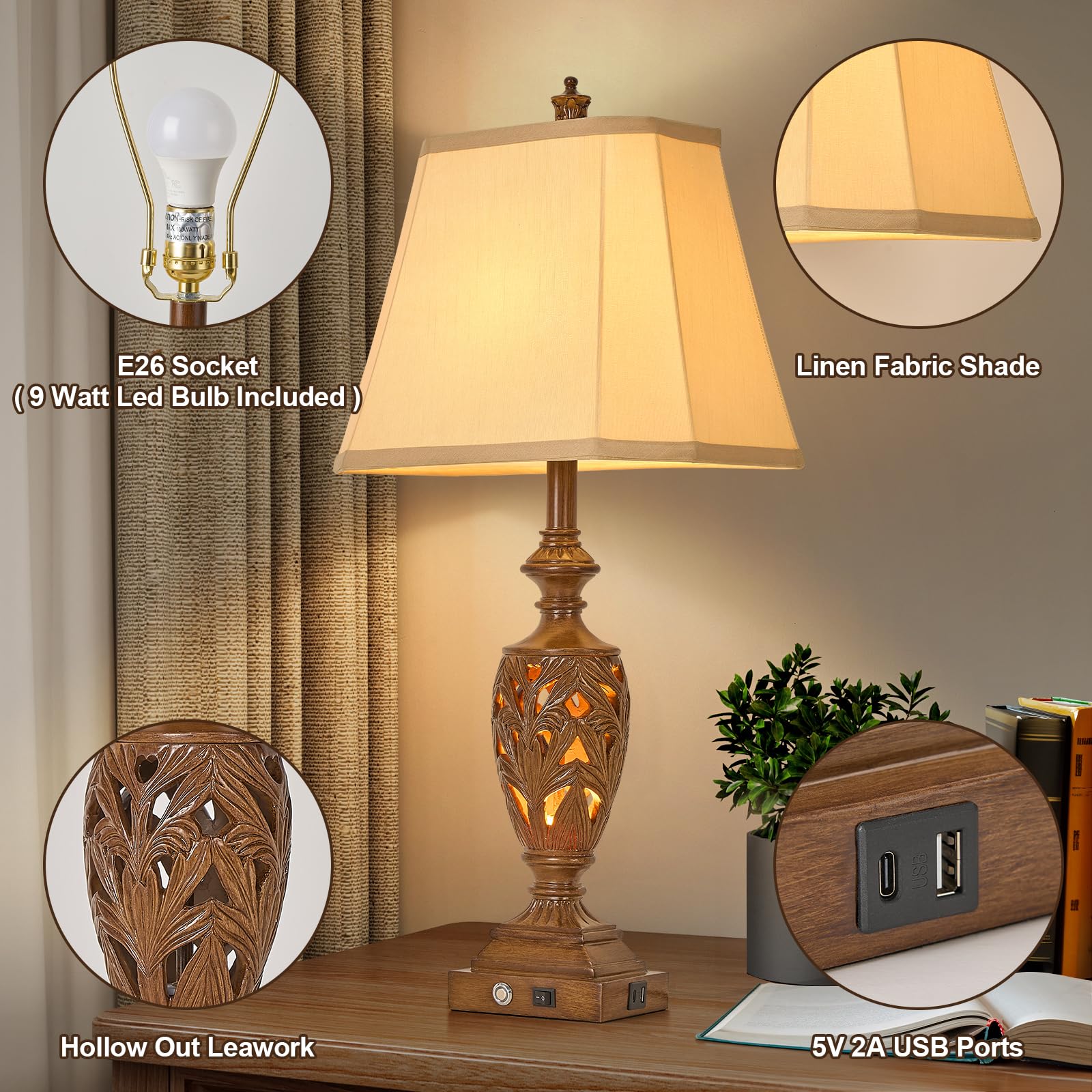 AIDENOEY 29.5" Touch Control Table Lamp Set of 2, Vintage Bronze Resin, 3-Way Dimmable with Dual USB Ports, Model HM002