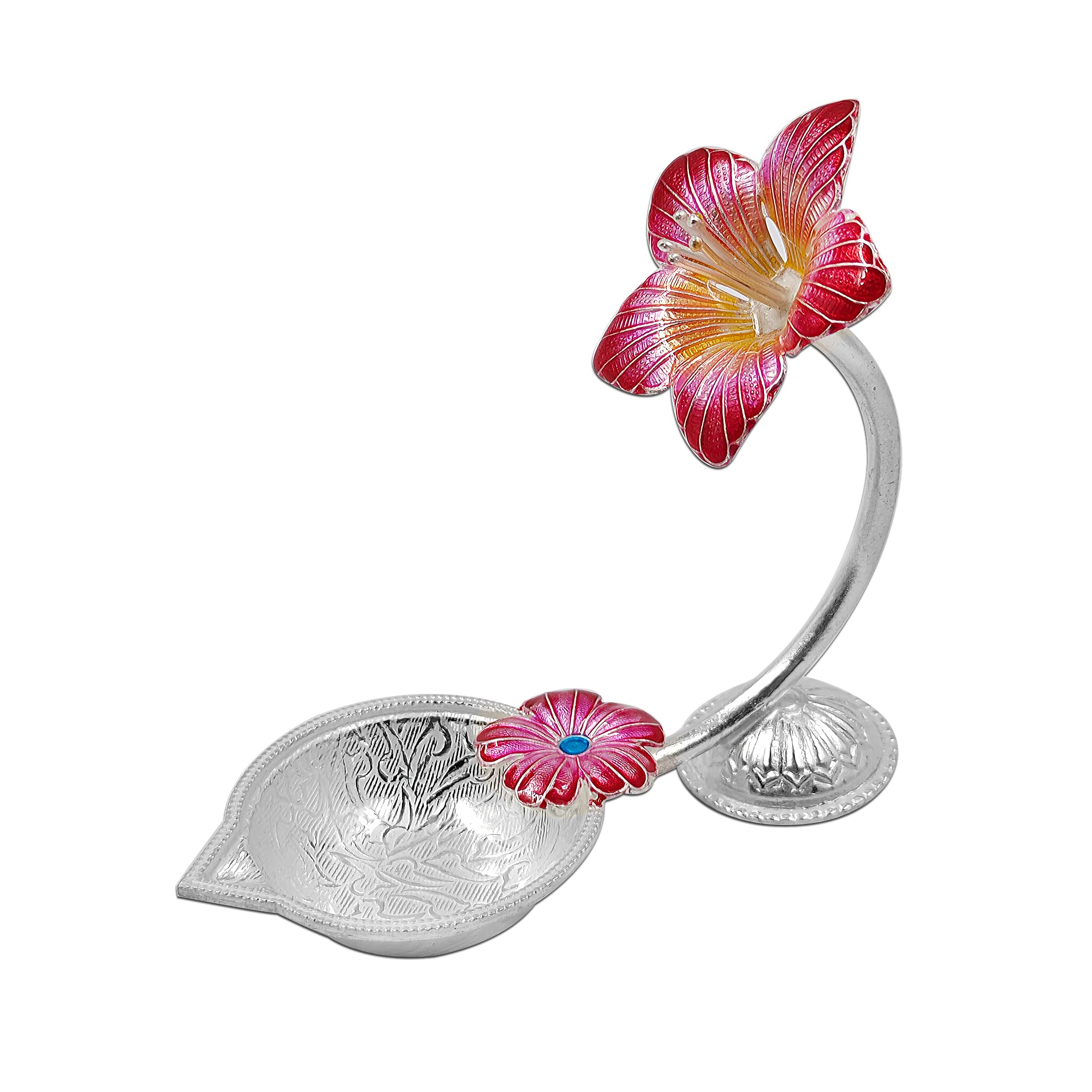 MAA SILVER Pure Silver Diya/Lamp/Deepak with Red Hibiscus/Jaswanti Flower Design Perfect for Gift and Pooja Use (65 Purity)(35 G