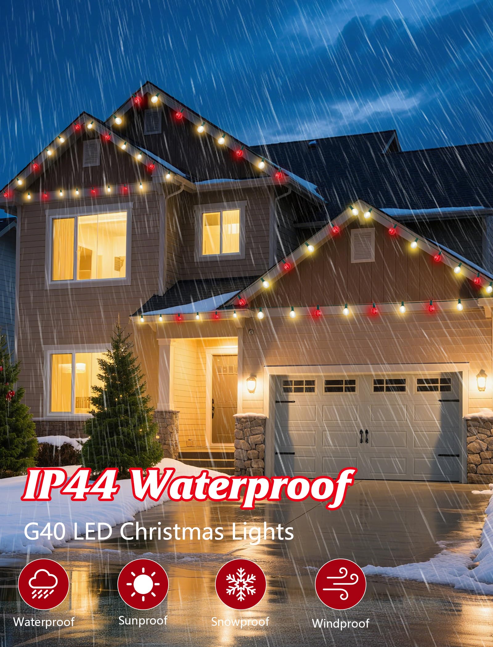 SUNSGNE G40 LED Christmas Globe Lights - 50FT Frosted Red & White Bulbs for Indoor/Outdoor Holiday Decor, Model ULP(7)-LR(25)(0.6W