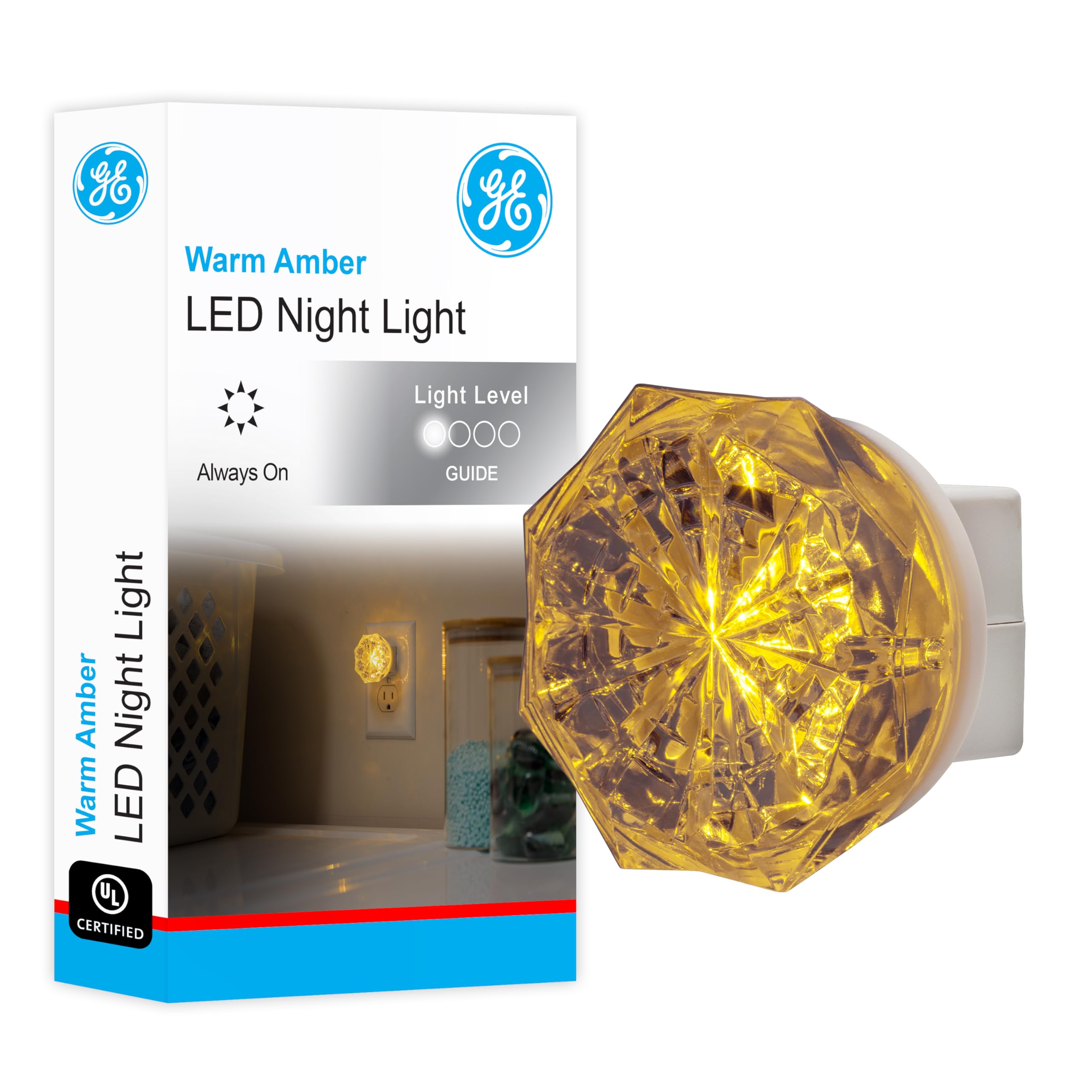 GE Jewel LED Night Light, Plug-in, Always on, Amber, UL-Certified, Energy Efficient, Ideal Nightlight for Bedroom, Bathroom, Nur