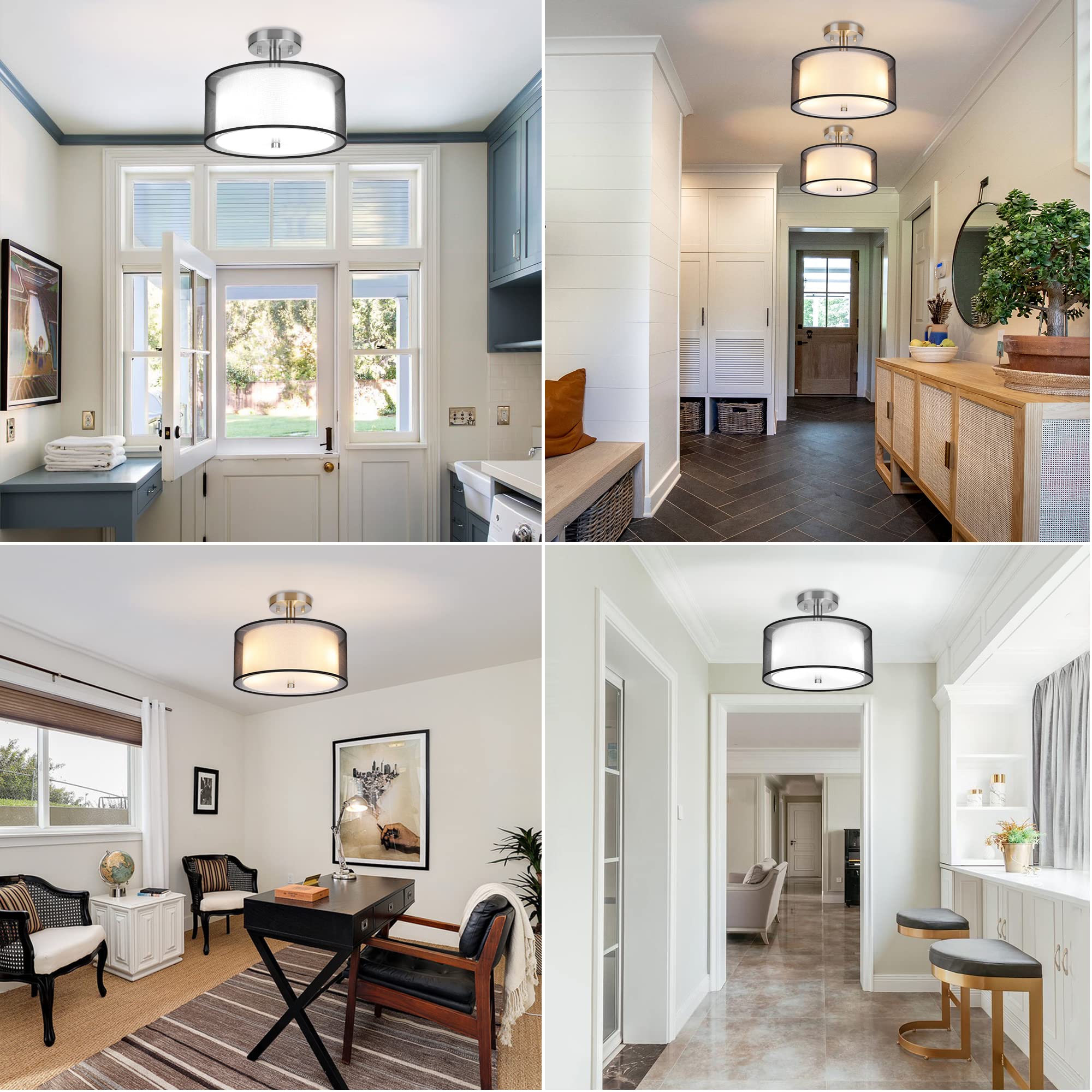 Folksmate Semi Flush Mount Ceiling Light Fixture, 3-Light Drum Light With Double Fabric Shade, Modern Black Close To Ceiling Lig