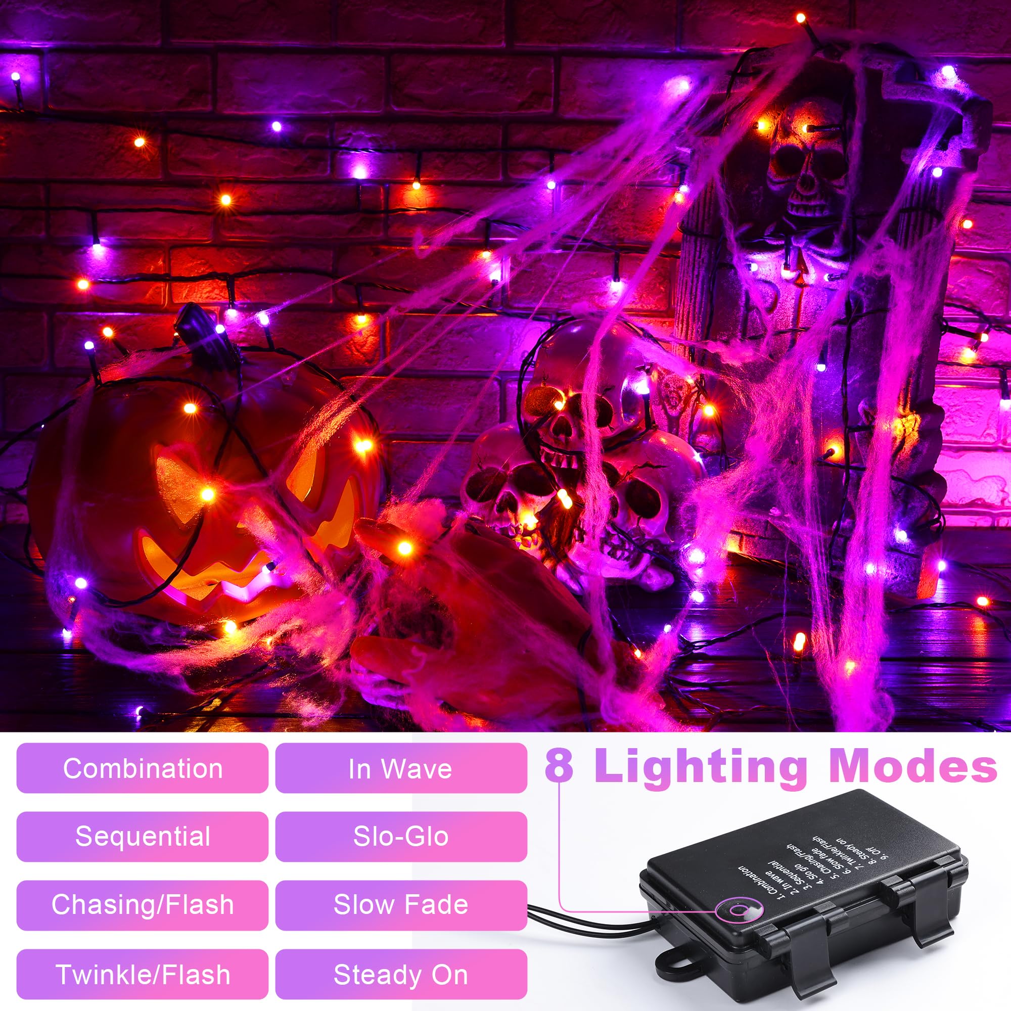 Lomotech Battery Operated Halloween Lights - 2 Pack Total 33Ft 100 Led Orange Purple Battery Lights 8 Modes Waterproof With Time