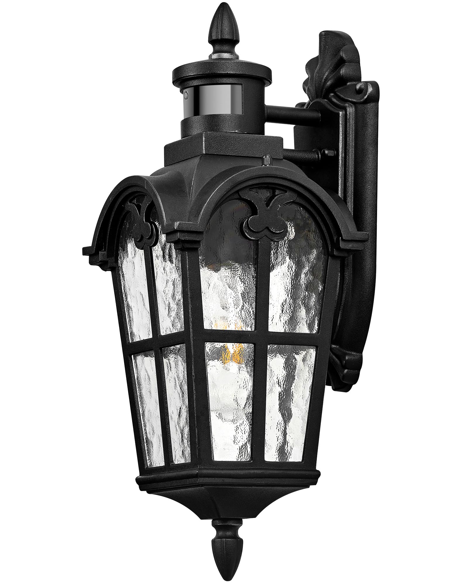 VIANIS Outdoor Motion Sensor Porch Lights, Black Aluminum Sconce, Dusk to Dawn, Model V8153, Waterproof, Ripple Glass, 1-Pack