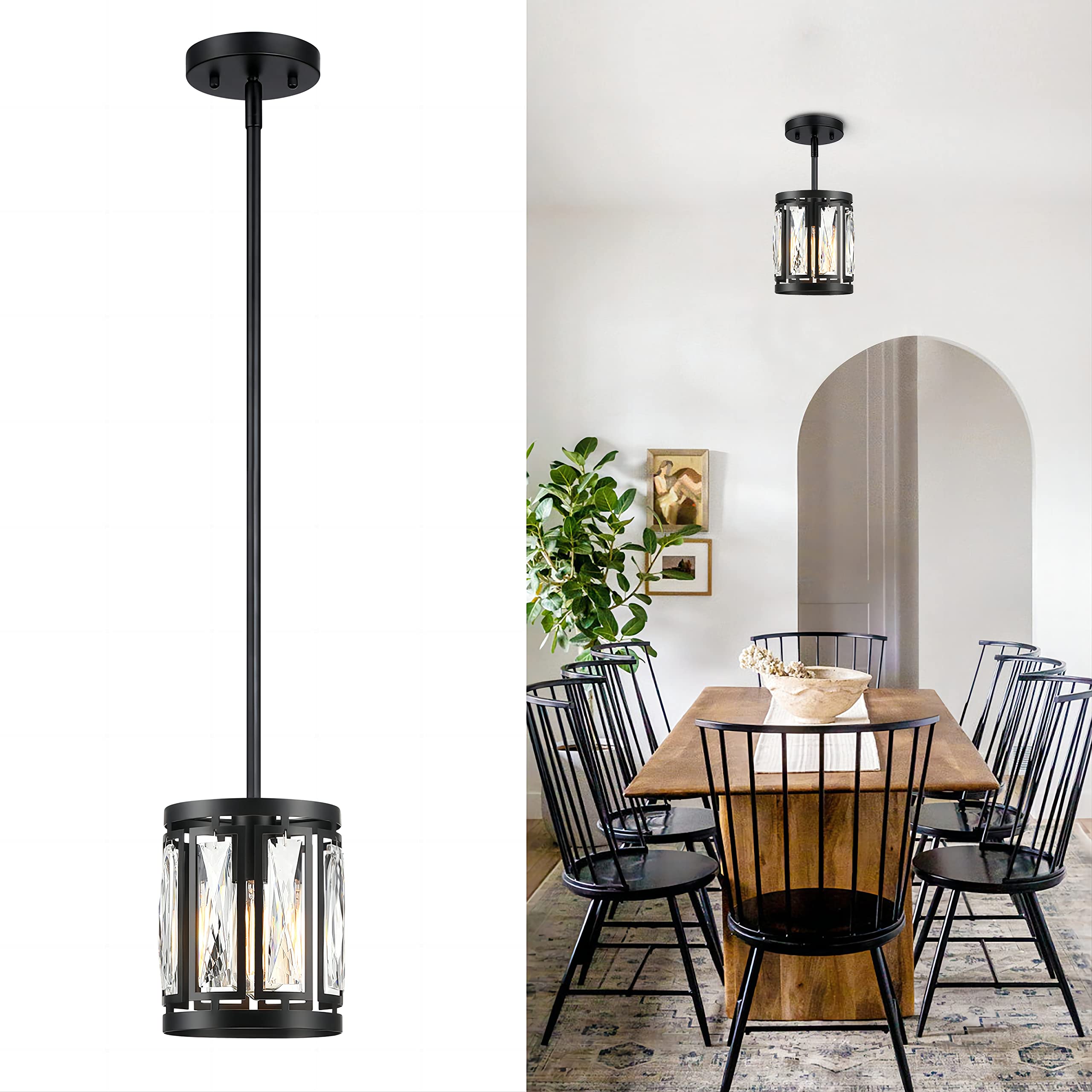 Mini Crystal Semi Flush Mount Ceiling Light, Convertible Hanging Pendant Lighting Fixture For Kitchen Island, Black Drum Shade Close To Ceiling Lights For Hallway Entryway