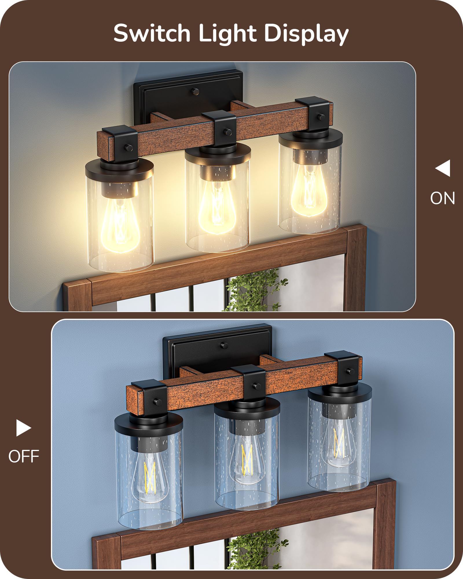 EDISHINE 3-Light Farmhouse Vanity Light Fixture, Dark Wood Bubble Glass Shade, Model HHVL02G