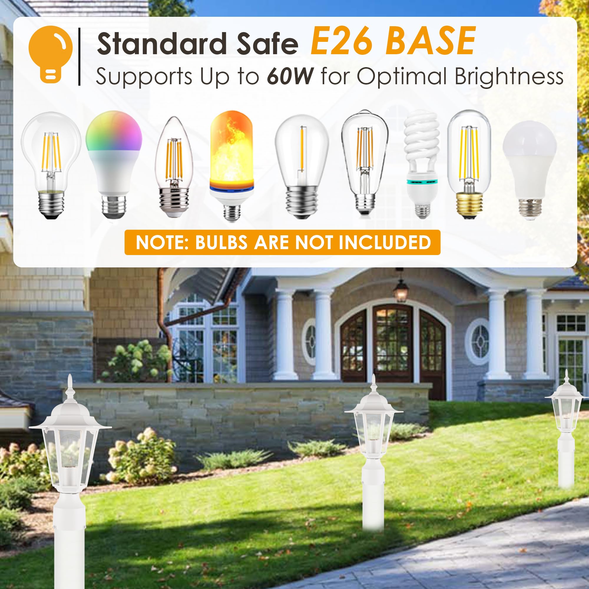 GRUENLICH Outdoor Post Lighting Fixture Pole Lantern, E26 Medium Base Max 60W, Aluminum Housing Plus Glass, Bulb Not Included, W