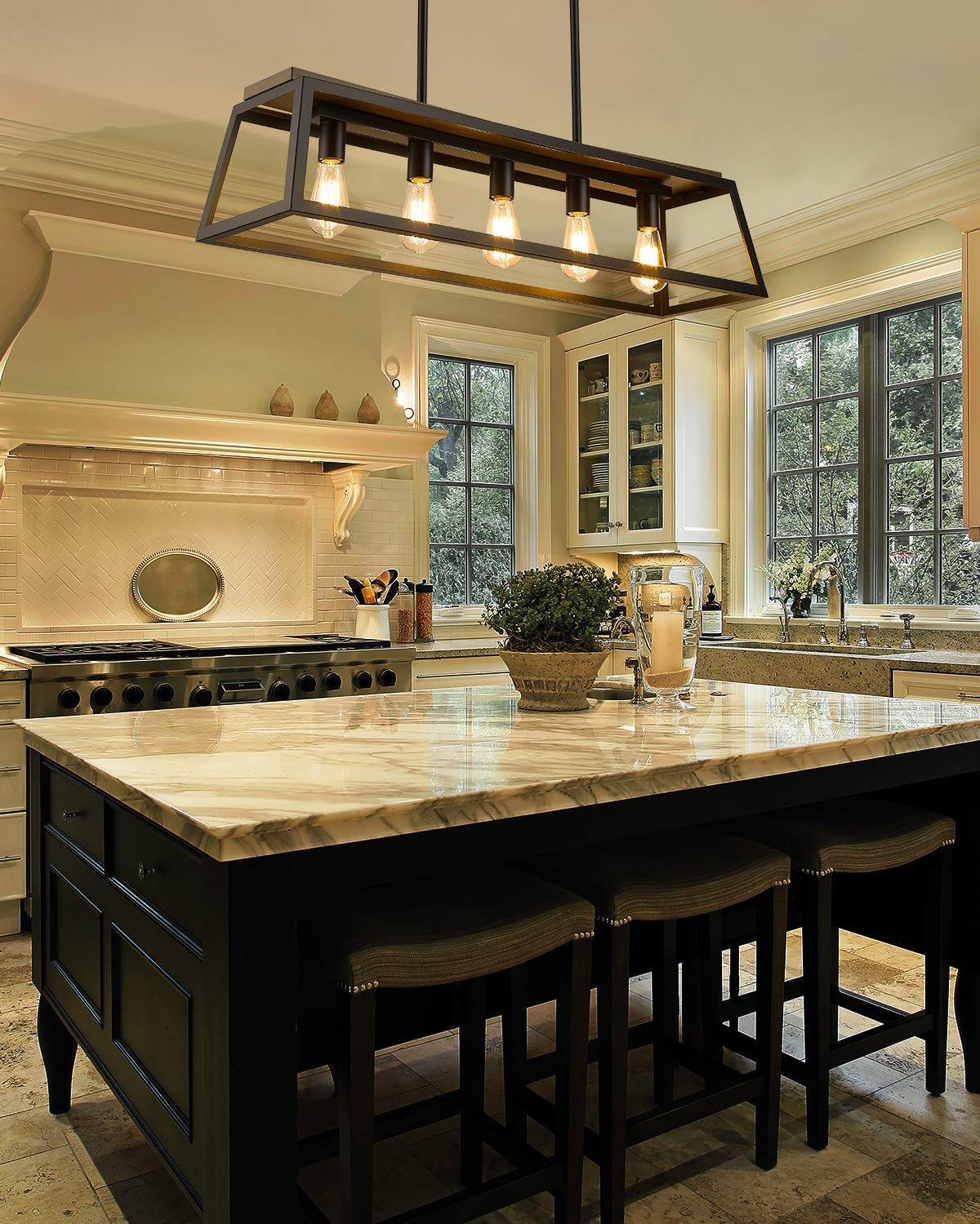 Eapudun 38-Inch 5-Light Farmhouse Kitchen Island Chandelier, Matte Black & Wood Finish