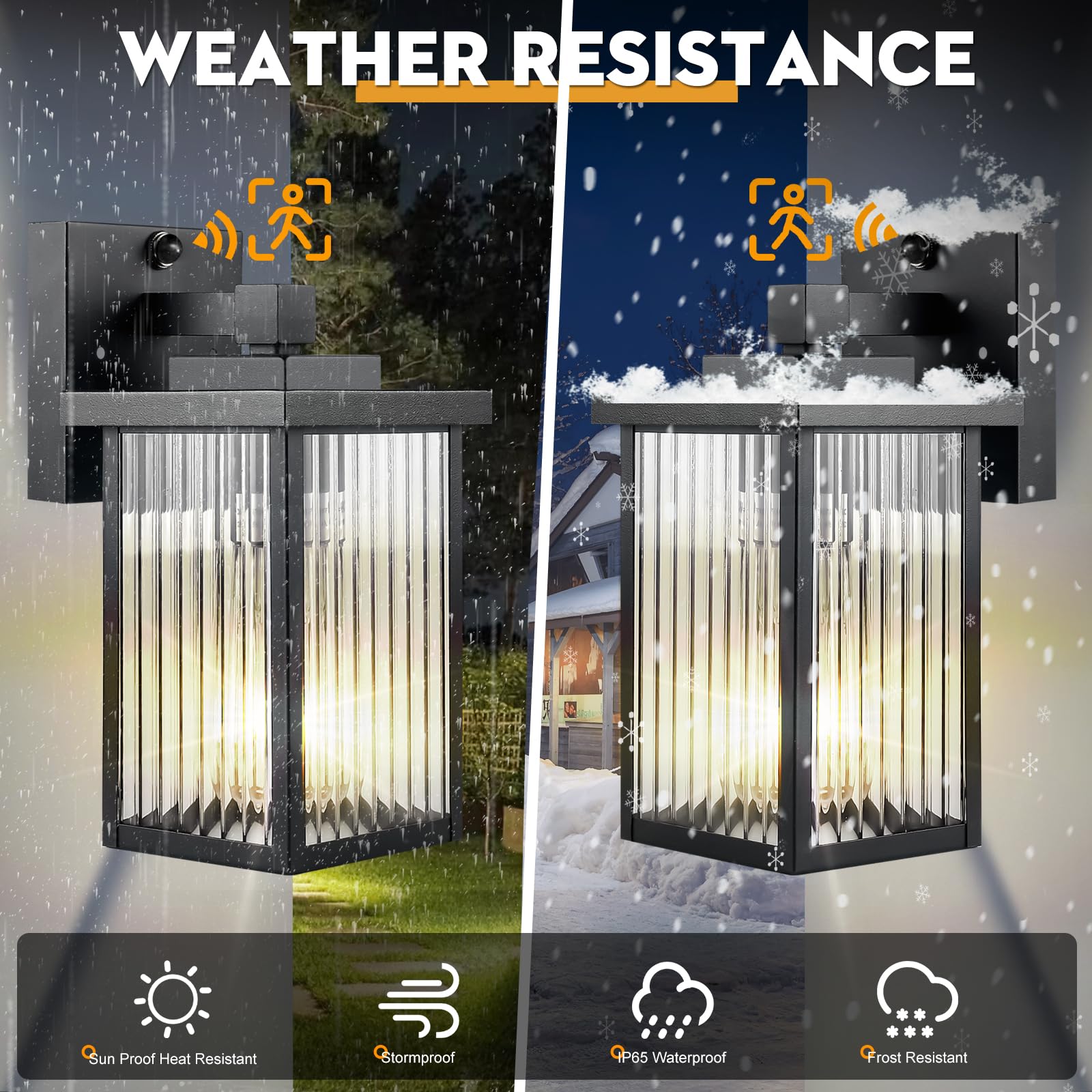 hameso Outdoor Motion Sensor Lights, 2 Pack Waterproof Wall Fixtures, Black, Dusk to Dawn, Metal Frame, Model G016