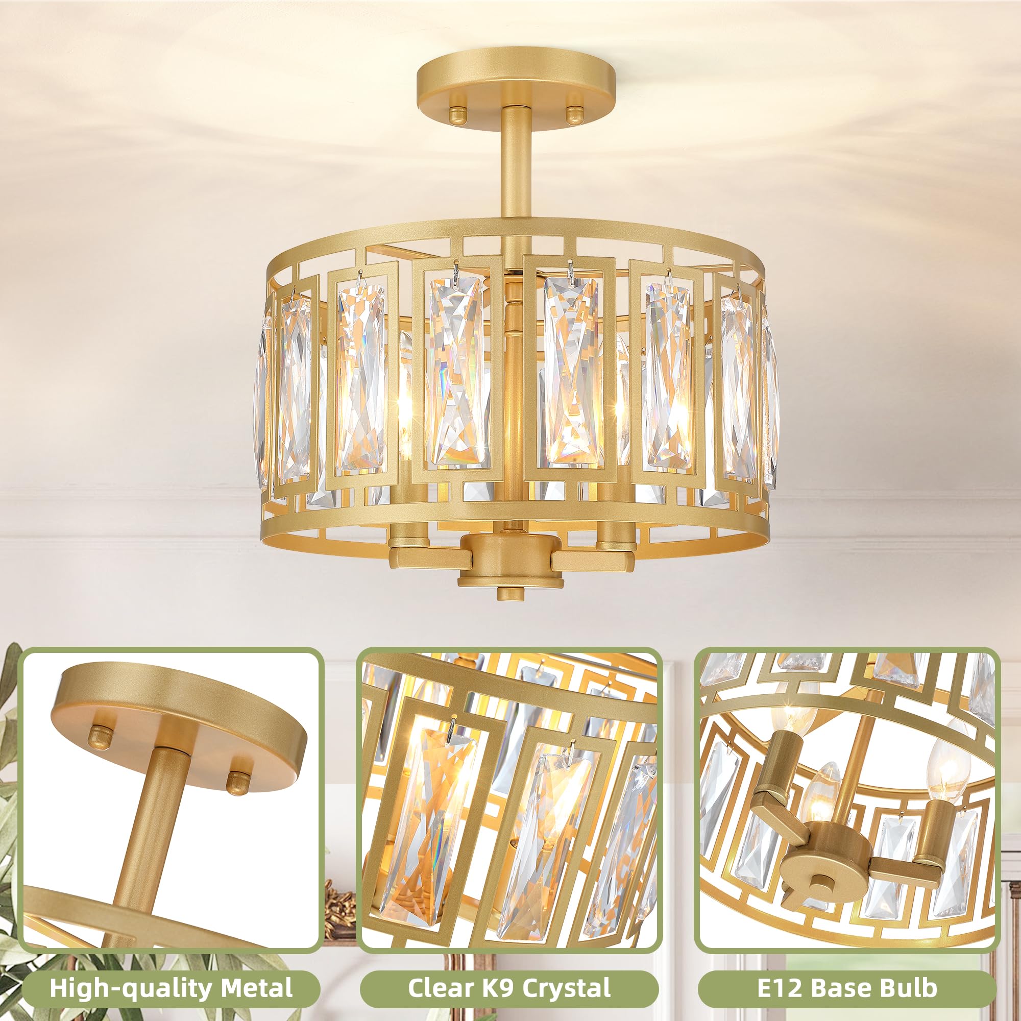 Crystal Ceiling Light Fixture, Modern Semi Flush Mount Ceiling Light, Gold Lighting Chandelier For Kitchen, Bedroom, Dining Room