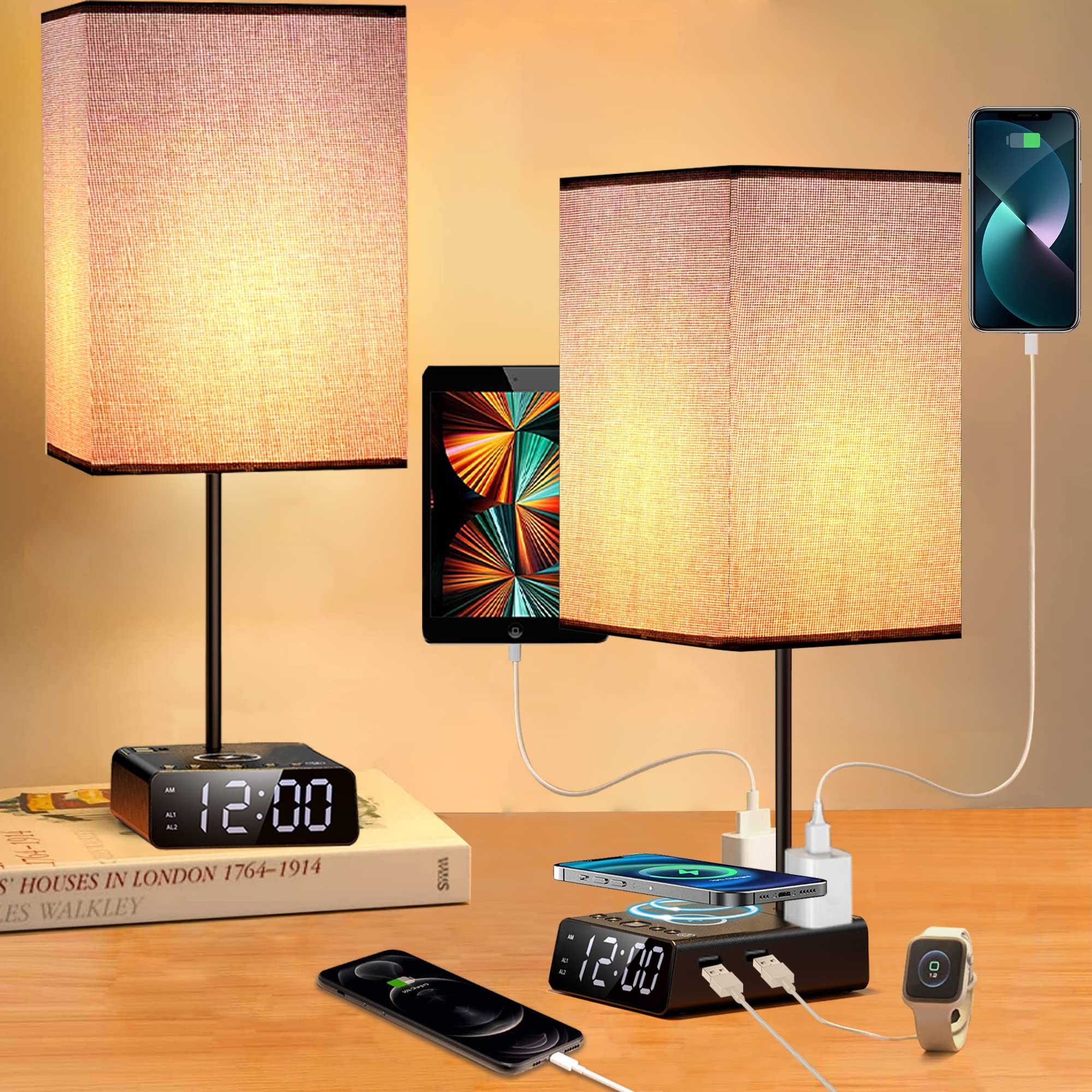 Table Lamps For Bedroom Set Of 2 - Touch Bedside Lamp With Wireless Charger & 2 Usb Charging Ports & 2 Ac Outlets, Alarm Clock Base,Dimmable Nightstand Lamps With Square Fabric Shade For Living Room
