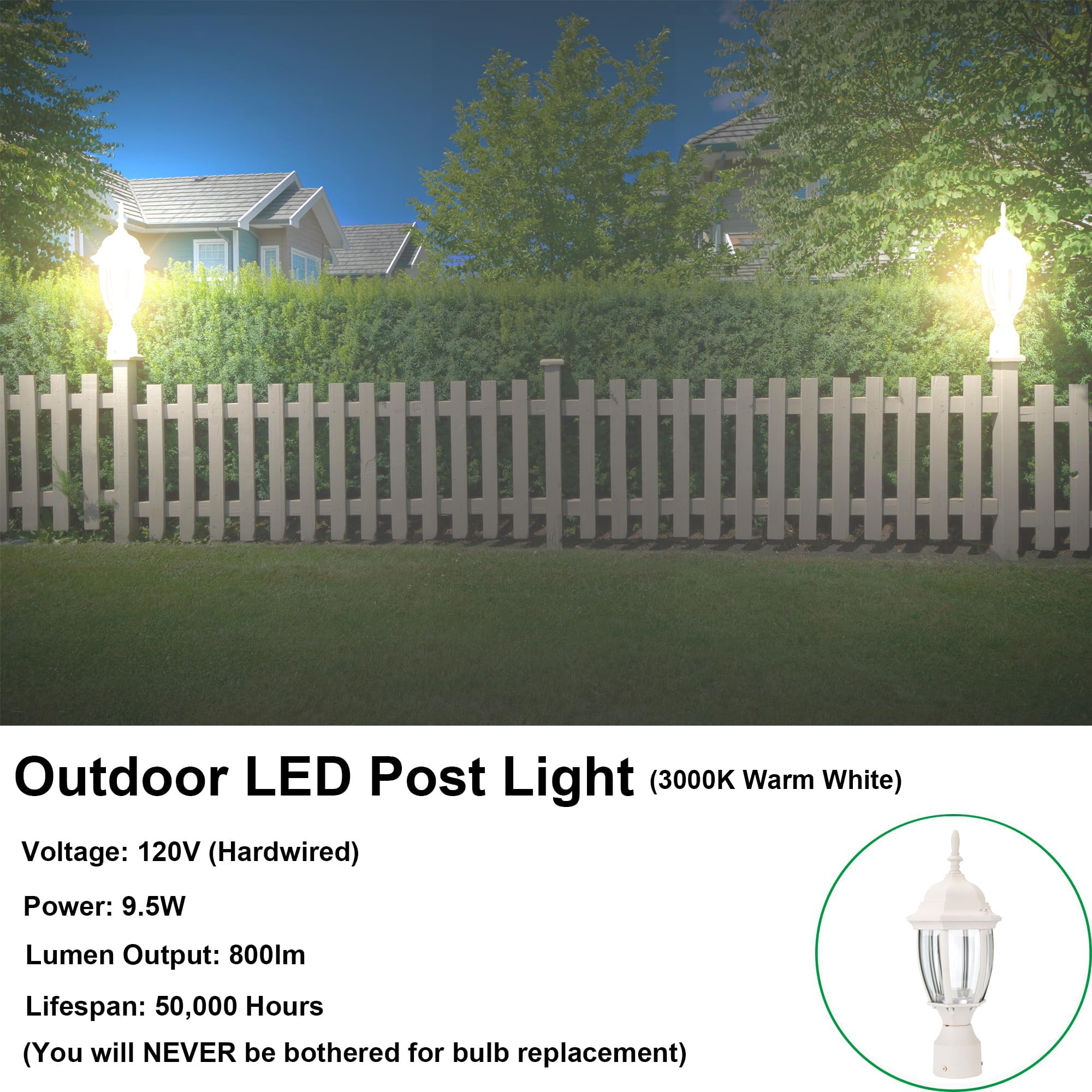 Lit-Path Led Outdoor Post Lighting Fixture, Pole Lantern, 9.5W 800 Lumens, 3000K Warm White, Aluminum Housing Plus Glass, Matte