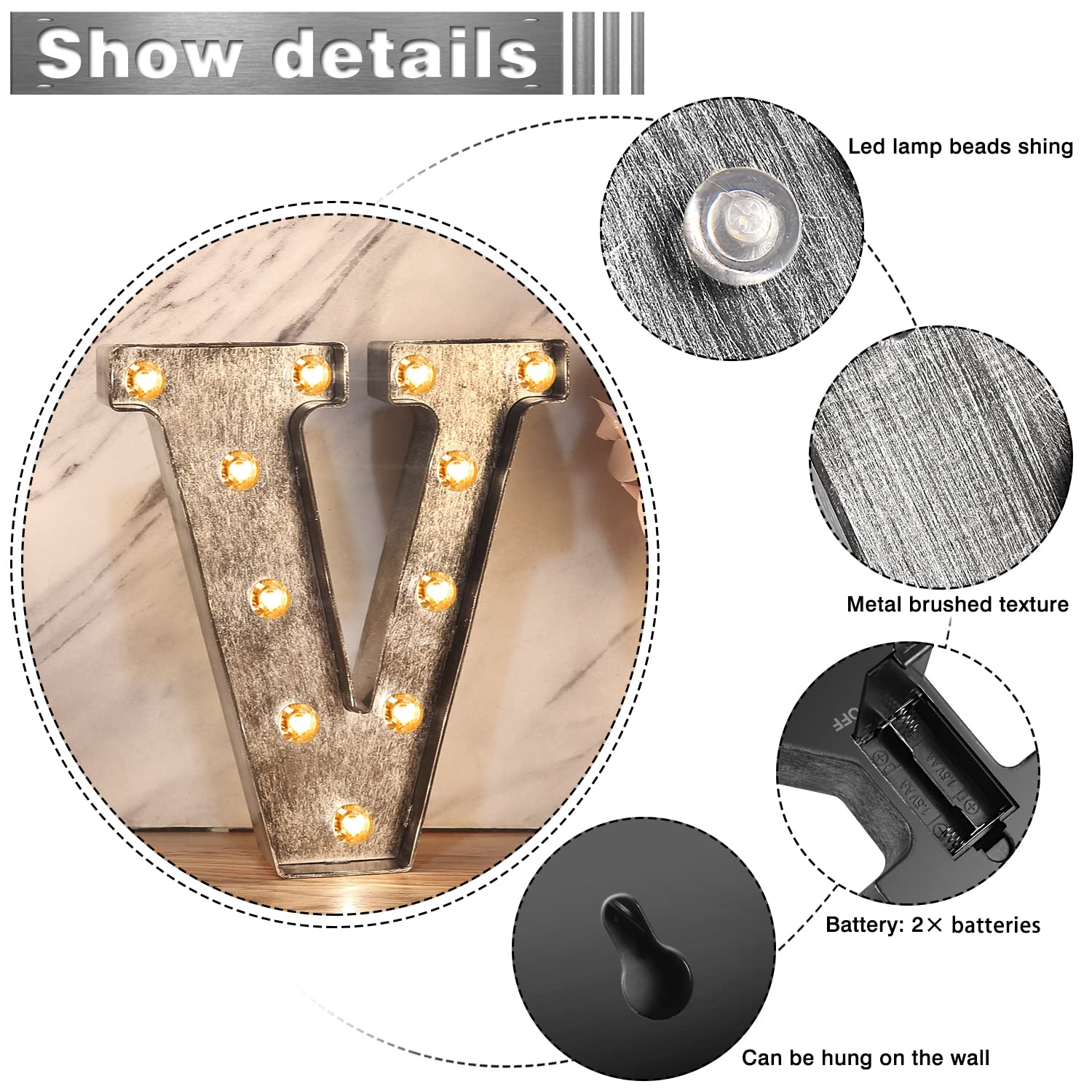 Brushed silver gray LED letters Lights Light Up letters Sign for Night Light Wedding/Birthday Party Battery Powered Christmas La