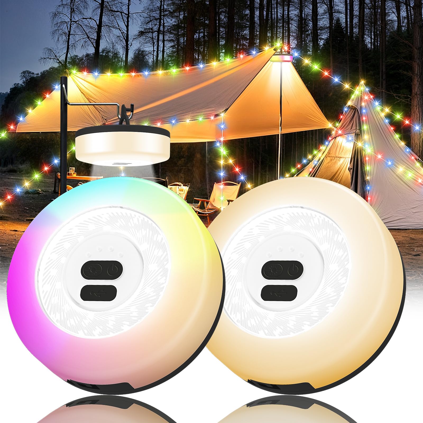 UGDLUCK Camping String Lights, 32.8FT Rechargeable, 9 Modes, Warm & RGB, 2PACK, Model CD013, Waterproof, Plastic