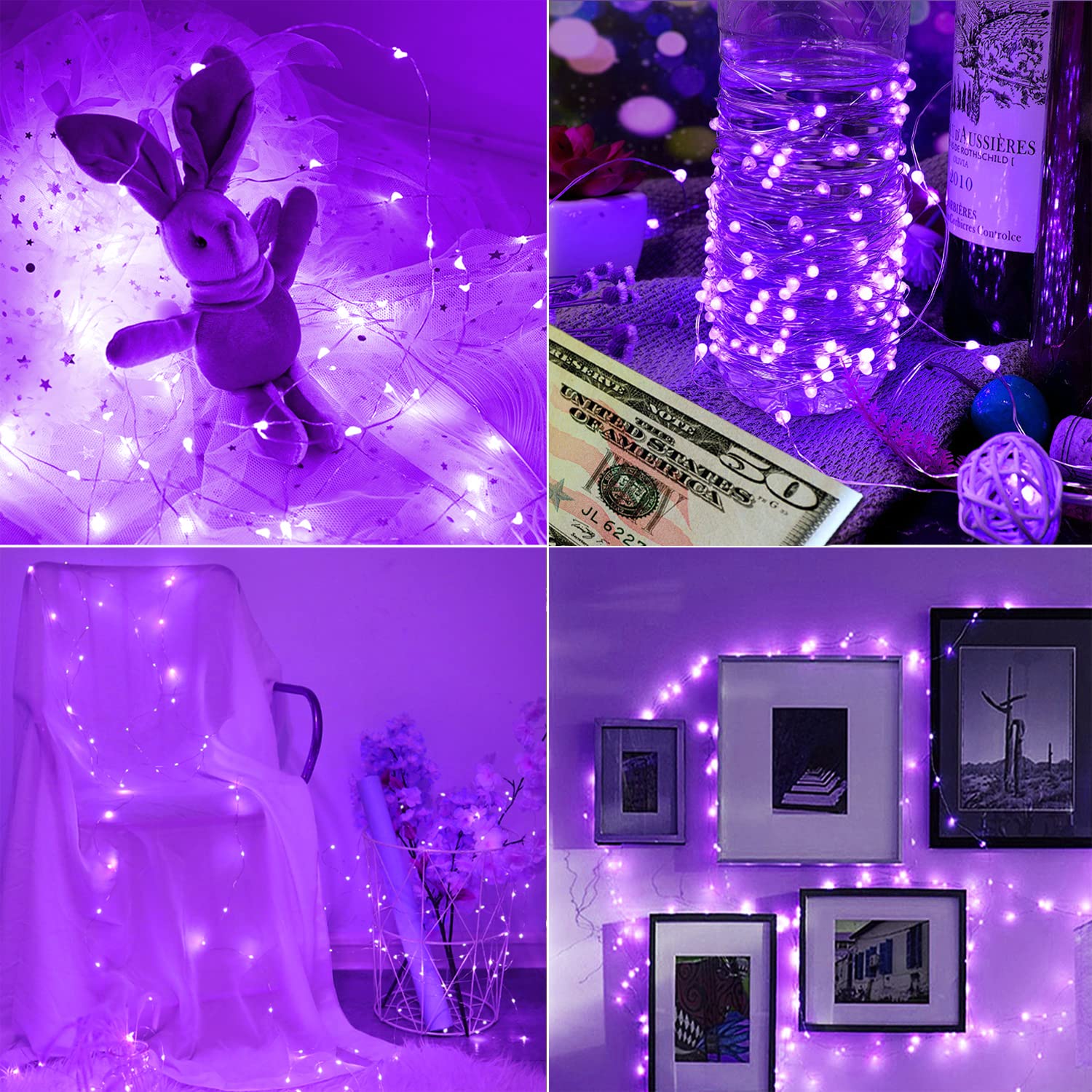 Omika 2 Pack Battery Operated Uv Blacklight Led String Lights 16.4Ft, 8 Modes, Purple, Flexible With Remote For Halloween Décor