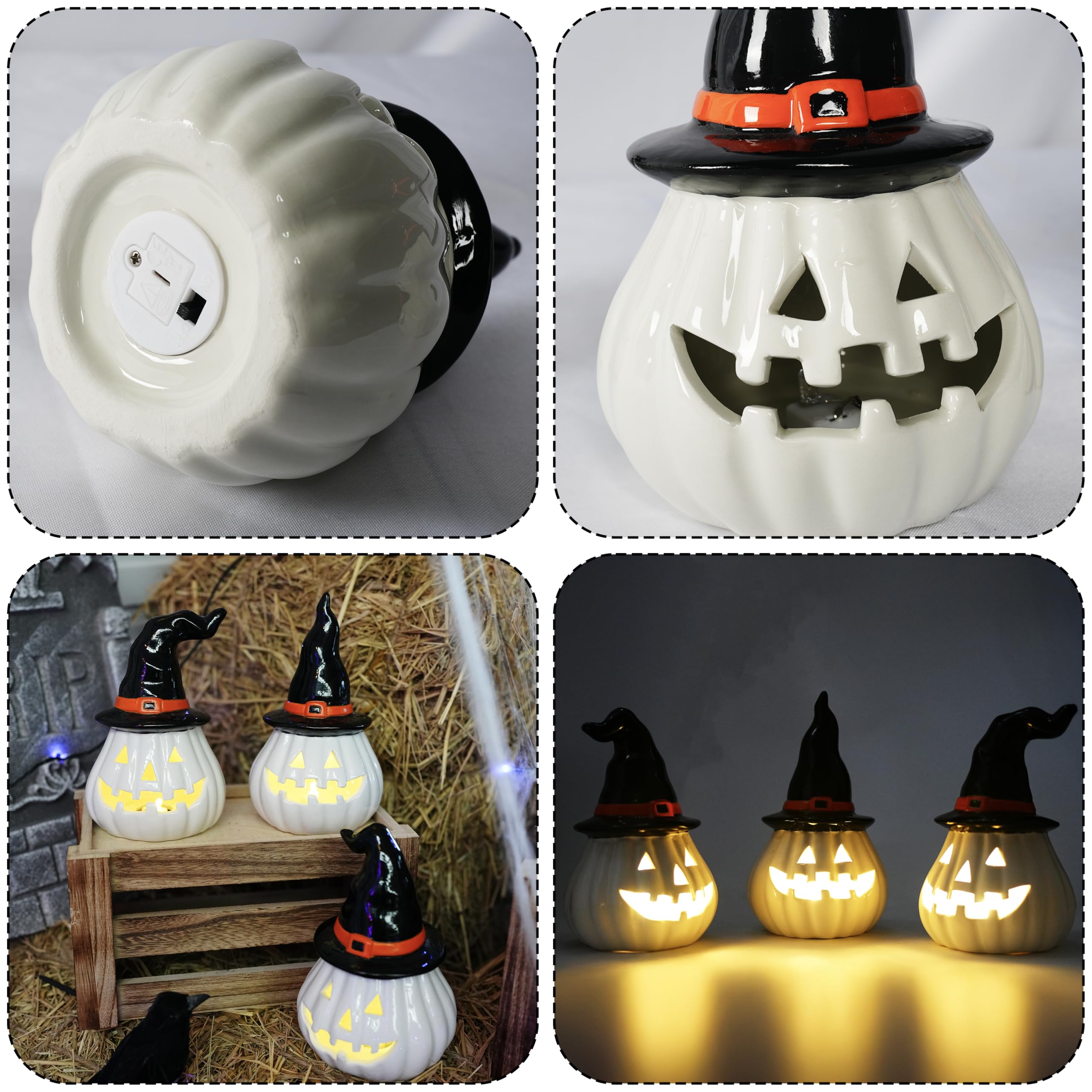 Nerosun 3 Pack Halloween Light Up Pumpkin Decorations  Ceramic Battery Operated Lighted Jack O Lantern Figurines  Spooky Halloween Ornaments For Indoor Home Fireplace Tabletop Centerpieces