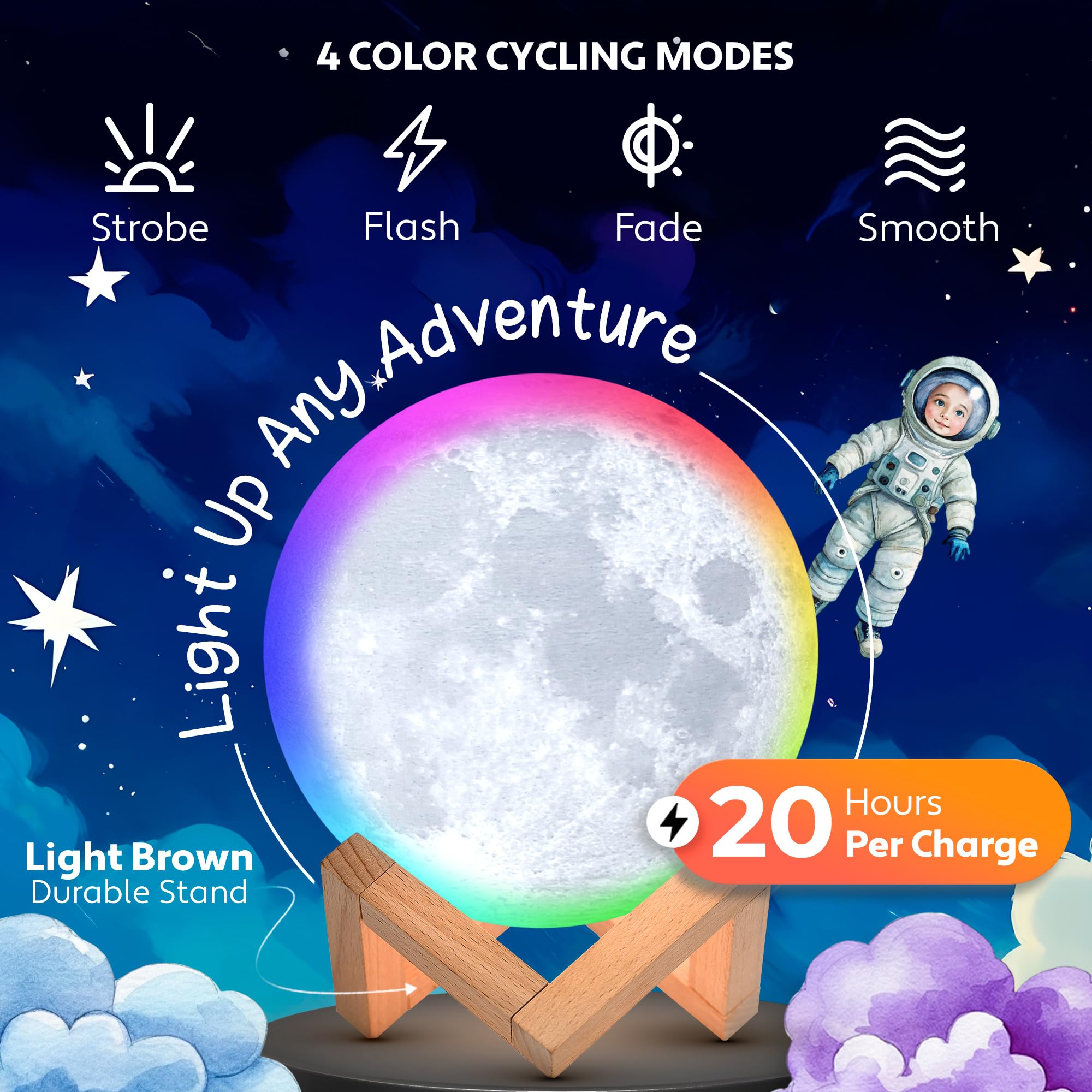 Mind-Glowing 3D Moon Lamp - Multi Color LED Night Light, 5.9 Inch, Honey Brown Stand, Touch/Remote Control - Ideal Gift for Kids 4-10 Years