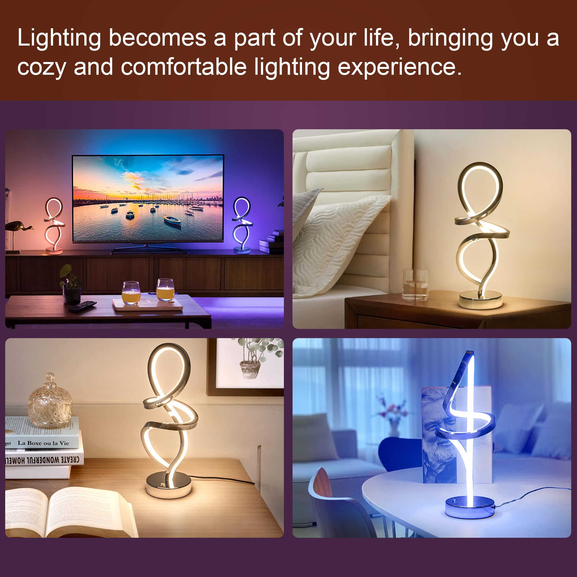 Mayful Rgb Modern Table Lamp - Led Spiral Touch Dimmable Nightstand Light, 7 Colors & 10 Modes