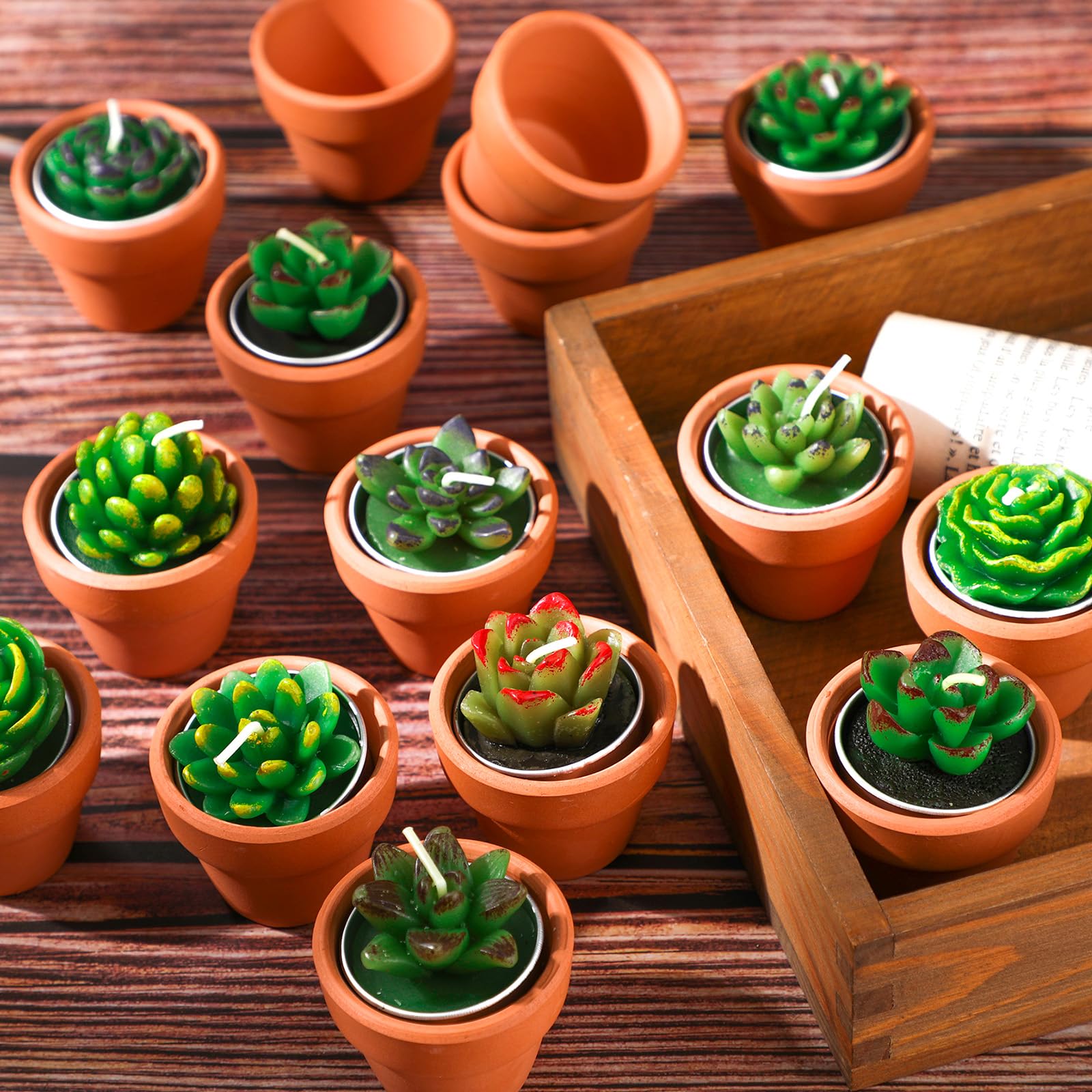 Shihanee 36 Pcs Decorative Succulent Cactus Tealight Candle Set - Handmade Mini Terracotta Clay Holders For Baby Shower Wedding(Red)