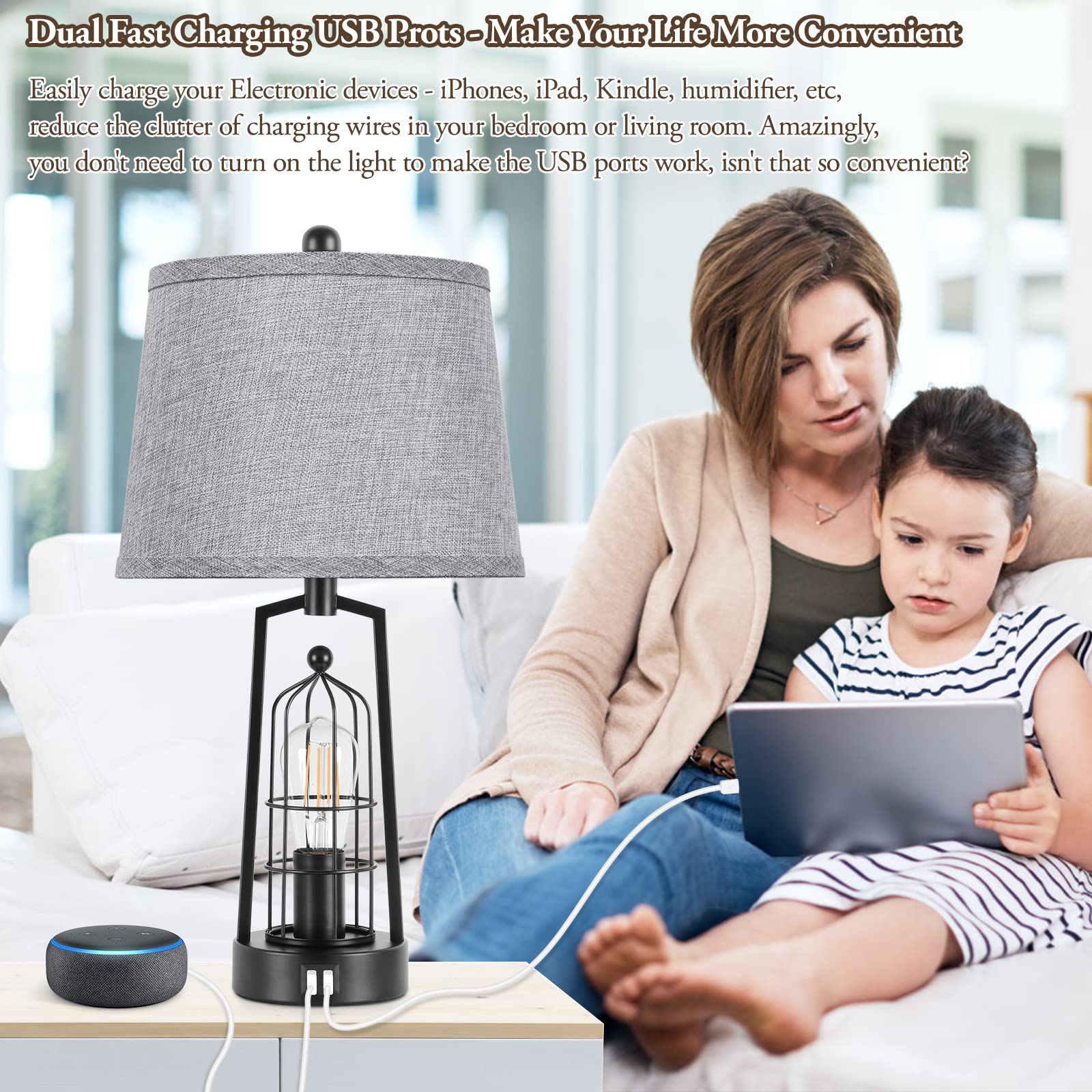 Brightever Farmhouse Table Lamps Set of 2, Metal, Gray, 2 USB Ports, JT2026, Rustic Industrial Design for Living Room and Bedroom