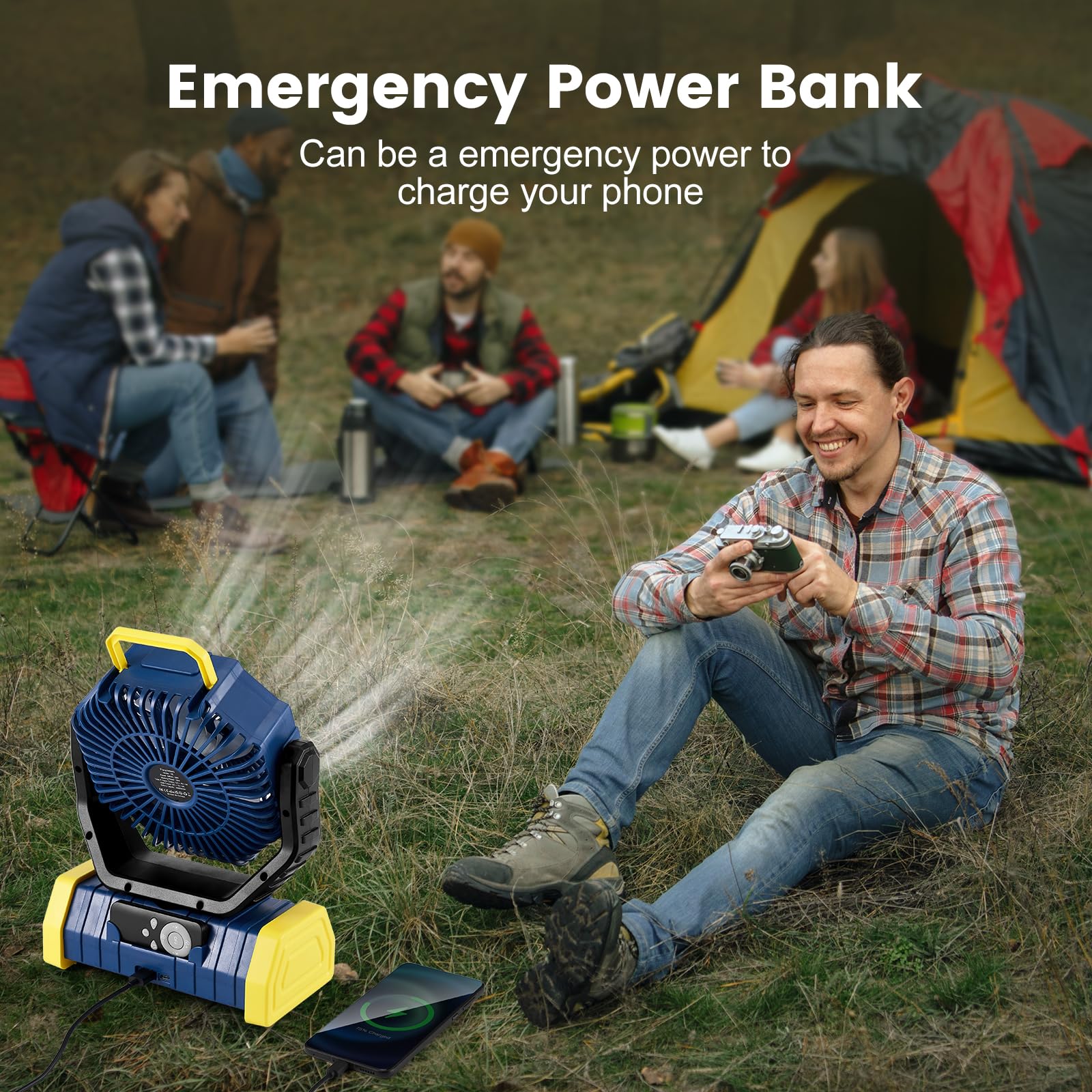 Odoland 30000mAh Camping Fan & LED Lantern, Rechargeable, Oscillating, 9.45x11.42x5.11 inches, Blue, Model OD0671L