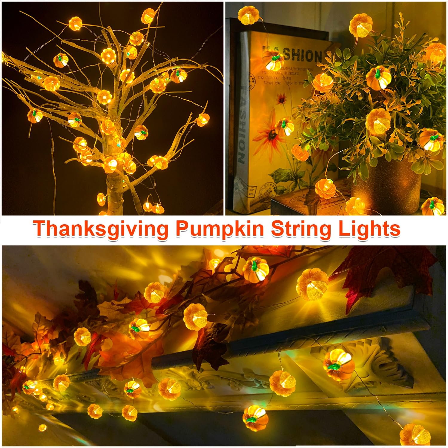 TURNMEON 3D Fall Pumpkin String Lights, 40LED, 20ft, Battery Operated, Warm White, Indoor Halloween Decorations, 2 Pack