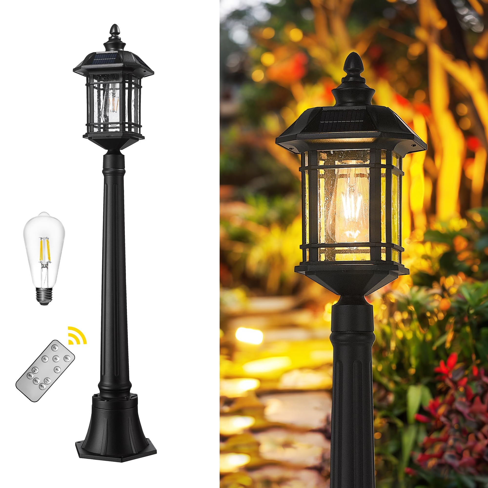 Emliviar Solar Powered Post Light, Remote Control, Dusk to Dawn LED, 40.9 Inch, Black, Model 2084PL-SL BK