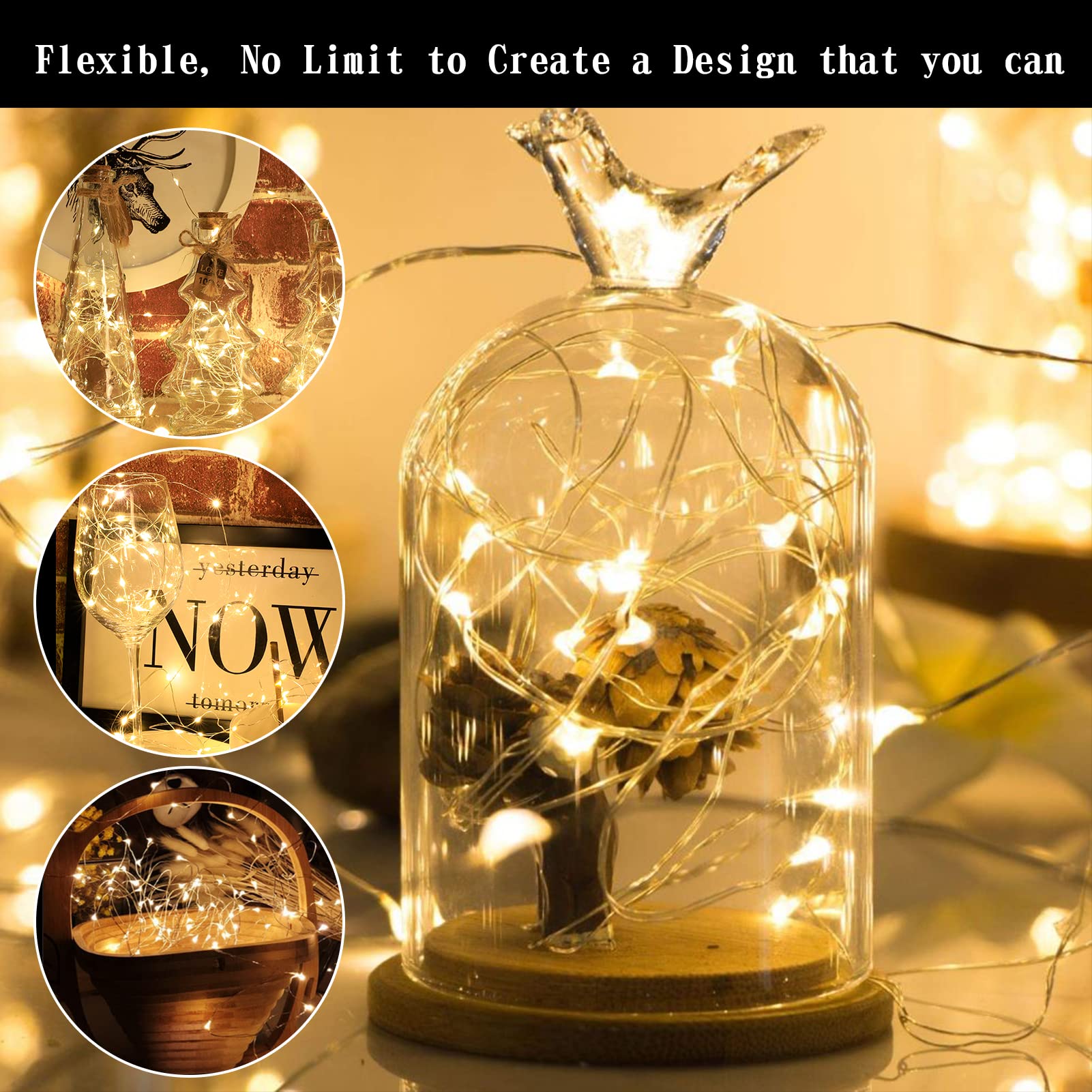 MAY CLAFFY 33ft Fairy Lights 2 Pack, Warm White 100 LED Twinkle String Lights for Indoor Decor, USB Powered, 8 Modes