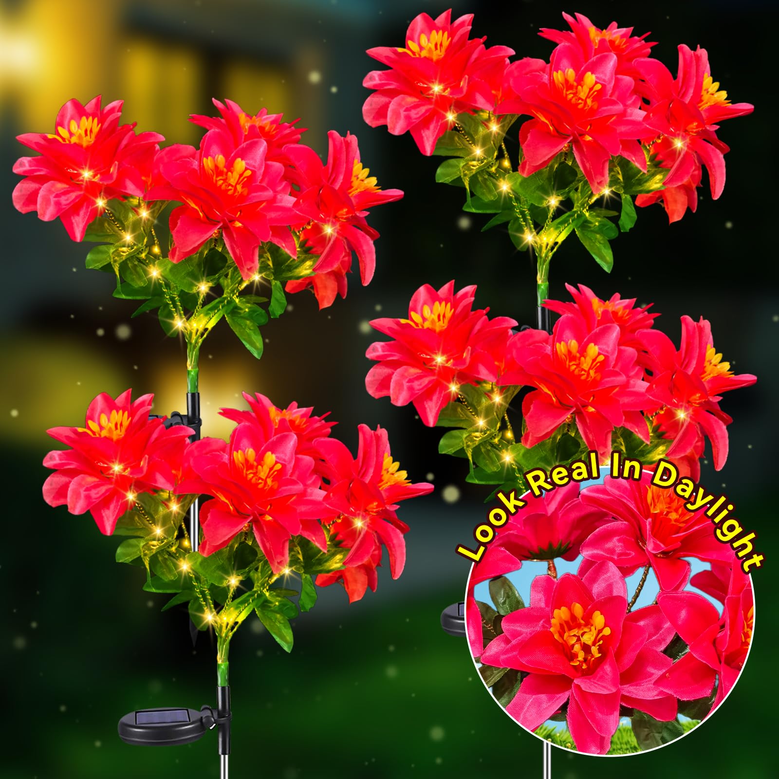 Neporal Solar Flowers Outdoor Waterproof Pink, 4PK 7-Stem Garden Solar Lights Decorative, 2 Lighting Modes, Solar Powered Garden