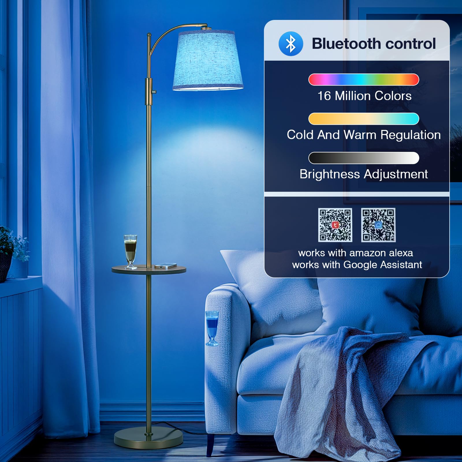 Aidenoey Smart Floor Lamp With Side Table | Stepless Dimming, Rgb Multi-Color | Adjustable Swivel Head | Voice Control With Alex